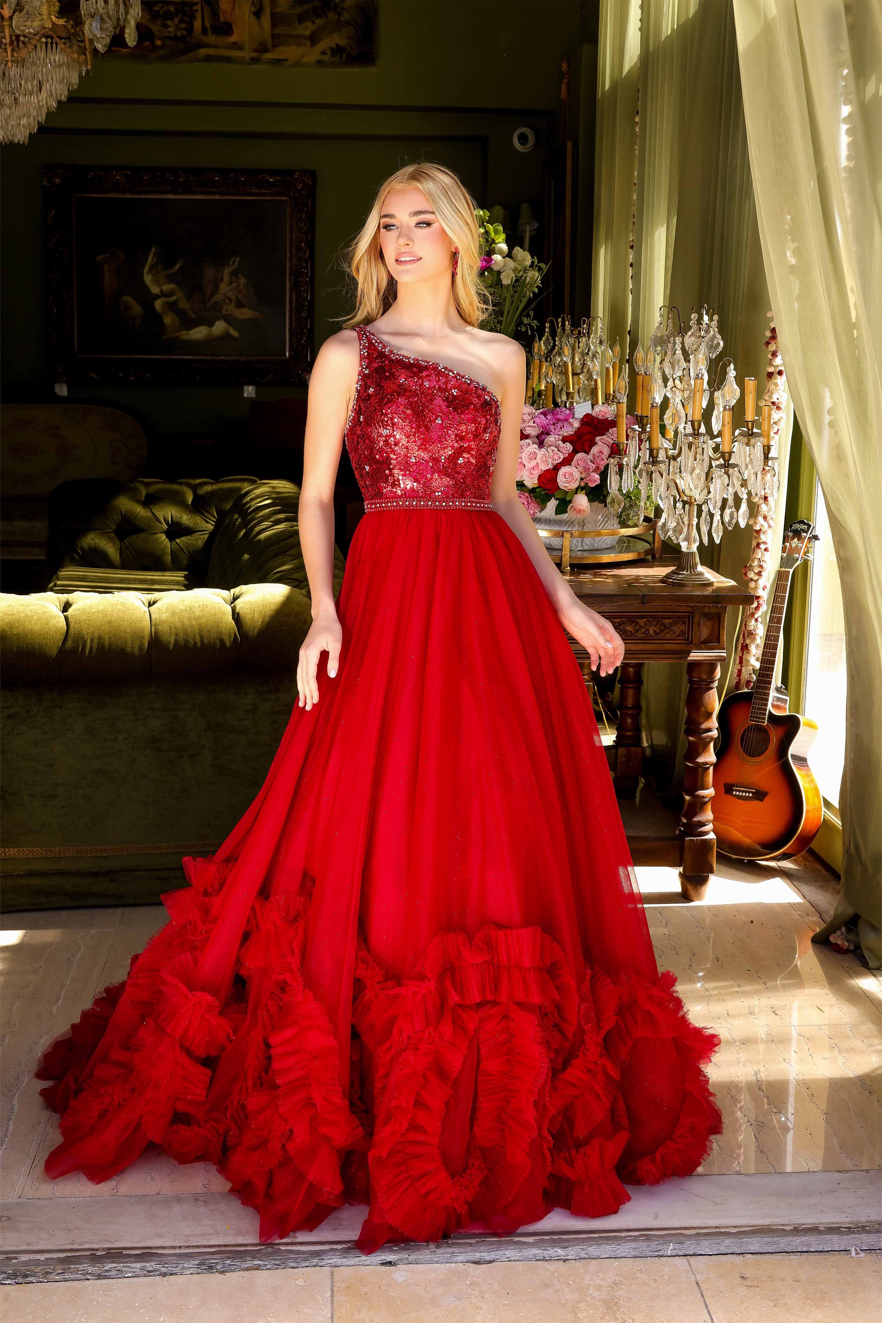 Prom Dresses Long Ruffle Sequin Beaded Formal Prom Dress Red