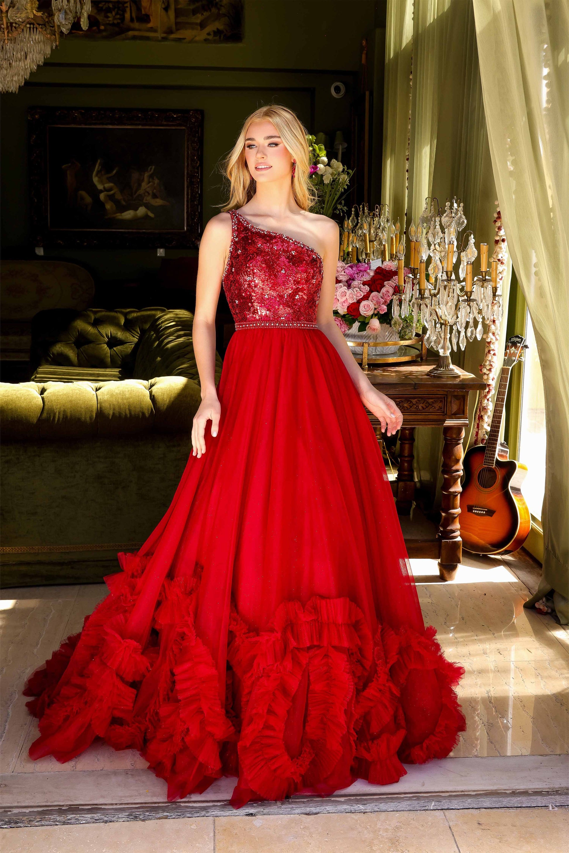 Ava Presley 29527 Long Ruffle Sequin Beaded Formal Prom Dress