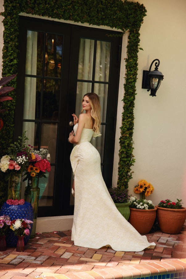 Prom Dresses Long Ruffle Formal Slit Prom Dress Soft Yellow