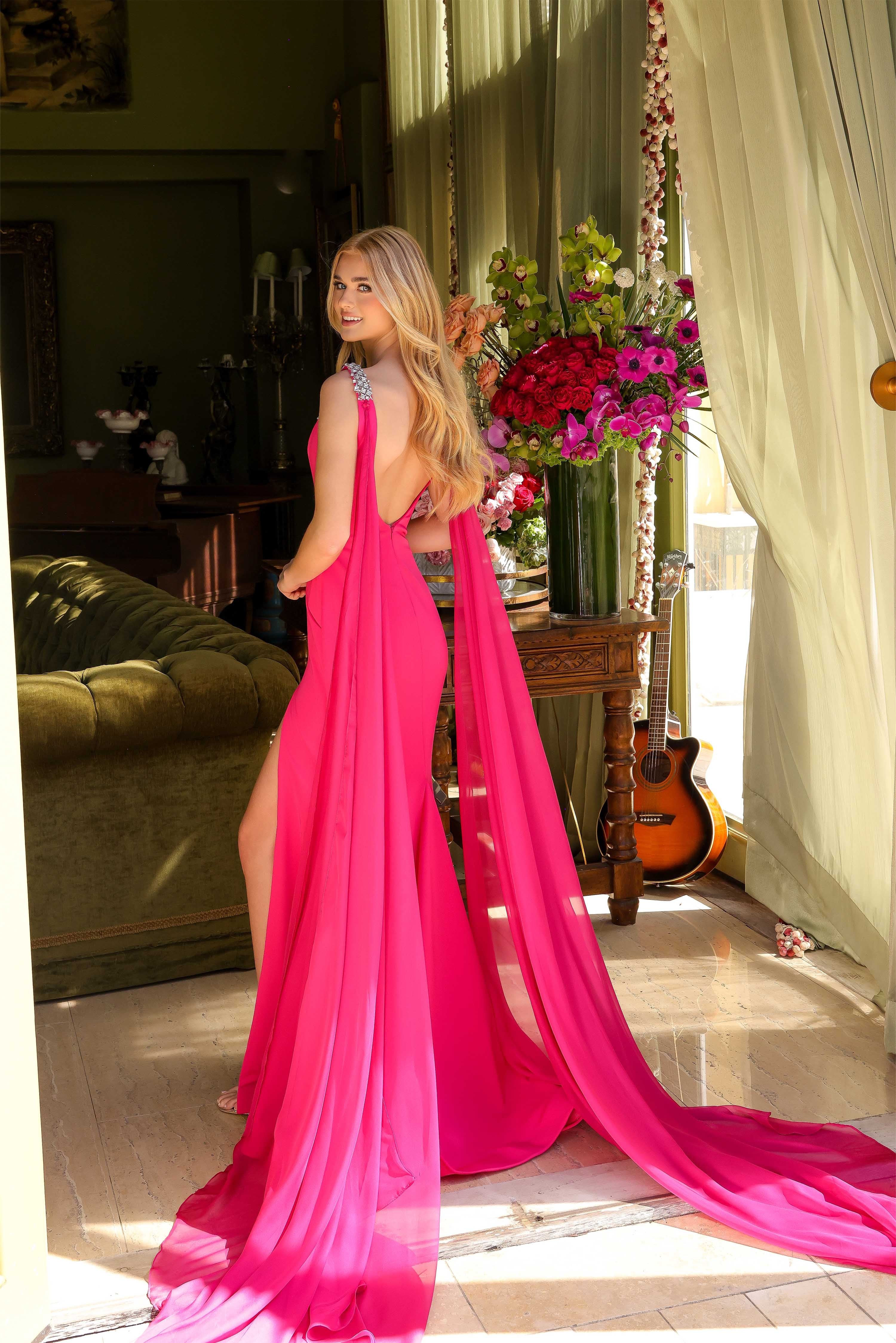 Prom Dresses Fitted Long Slit Beaded Prom Formal Dress Hot Pink