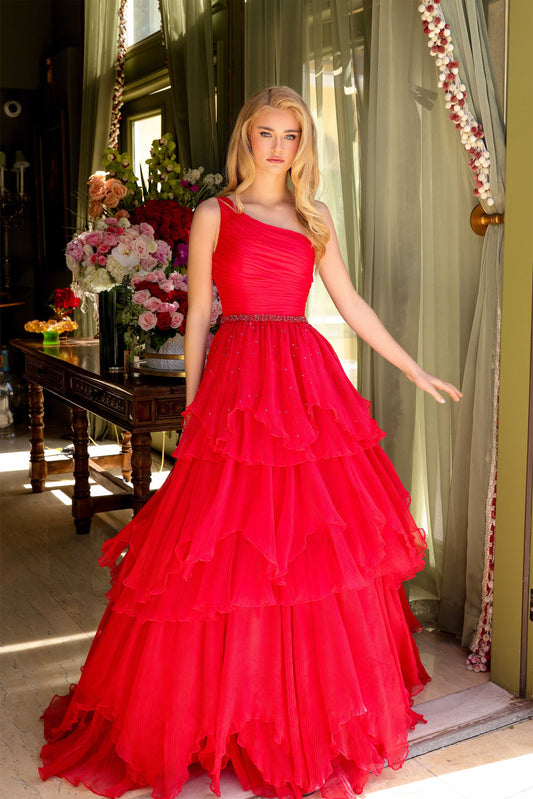 Prom Dresses Pleated A Line Beaded Long Formal Teired Prom Dress Red