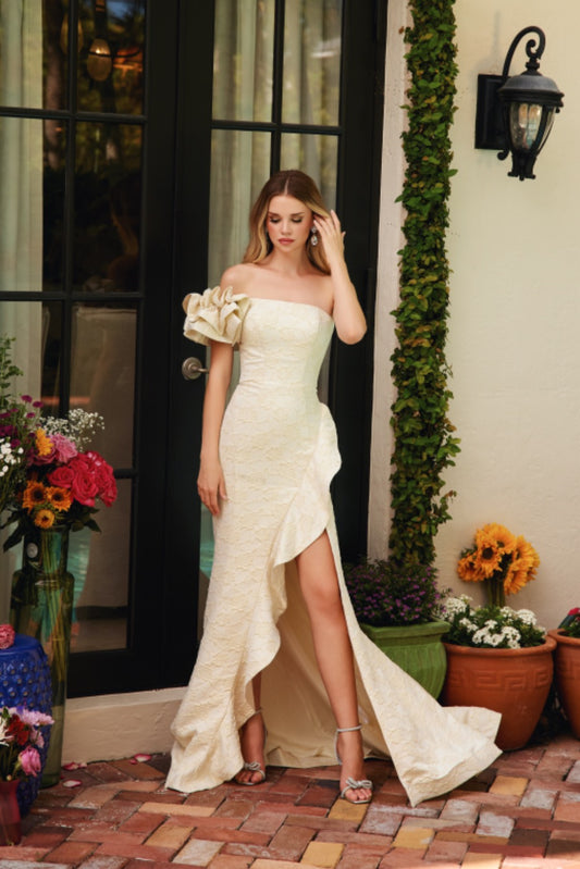 Prom Dresses Long Ruffle Formal Slit Prom Dress Soft Yellow