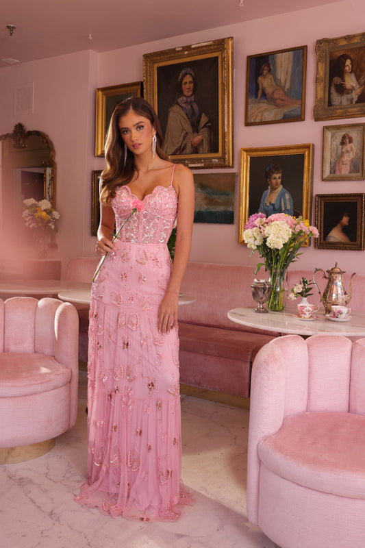 Prom Dresses Beaded Long Formal A Line Corset Prom Dress Pink