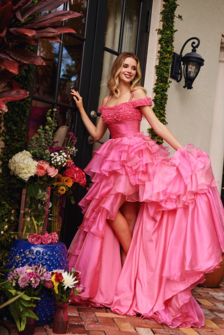 Prom Dresses Long Ruffle A Line Prom Slit Formal Dress Bubble Gum