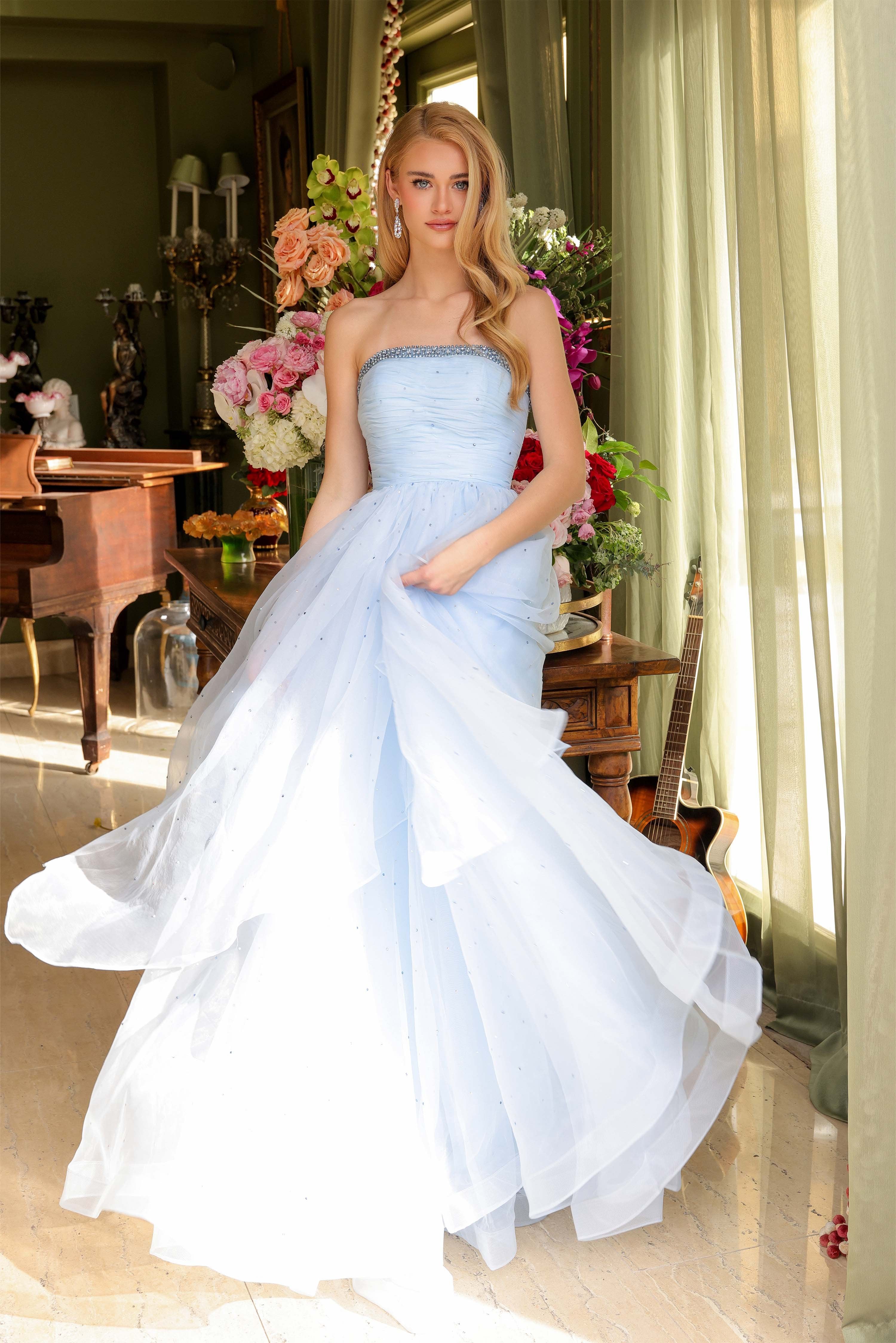 Prom Dresses A Line Long Formal Beaded Layered Prom Dress Light Blue