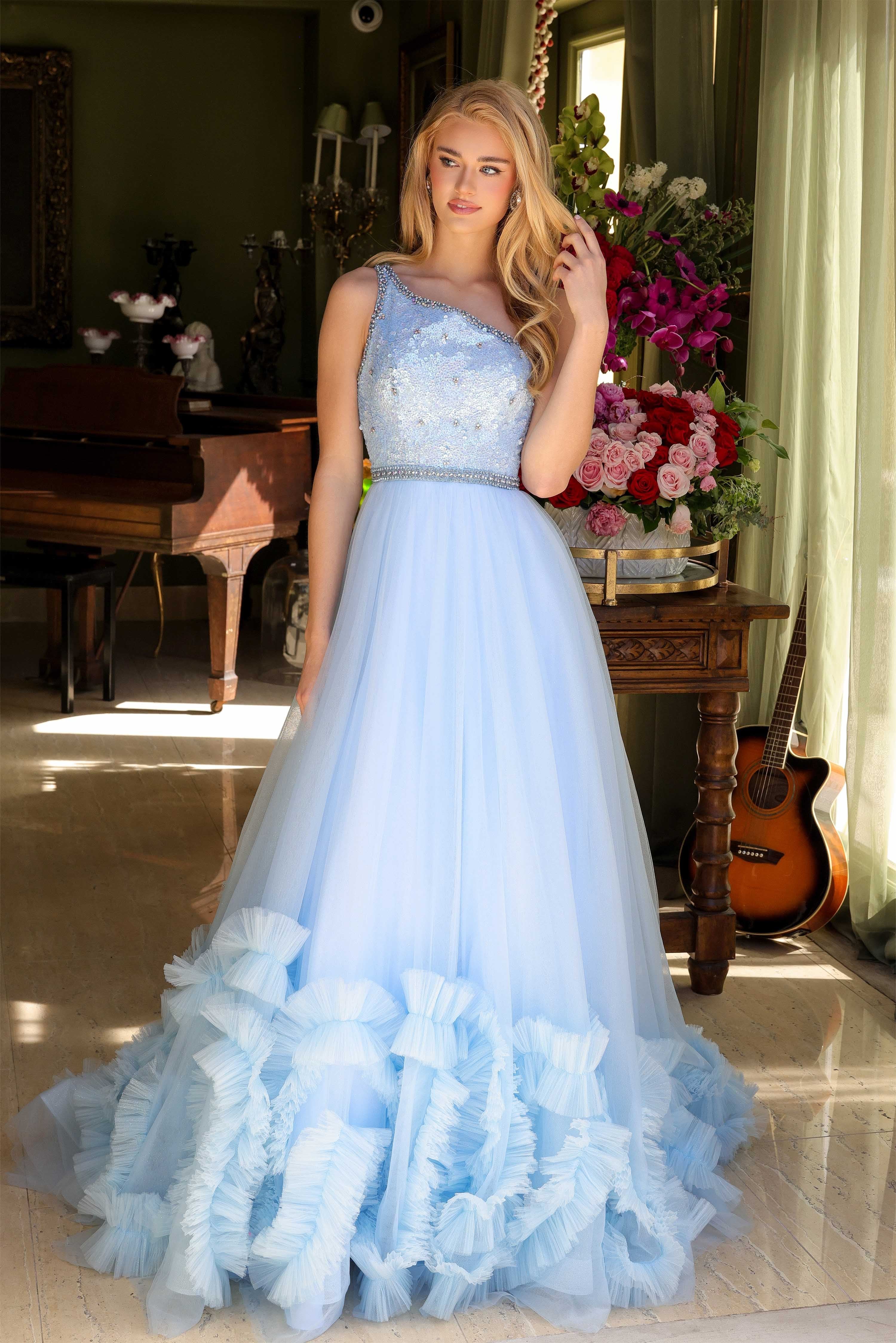 Prom Dresses Long Ruffle Sequin Beaded Formal Prom Dress Light Blue
