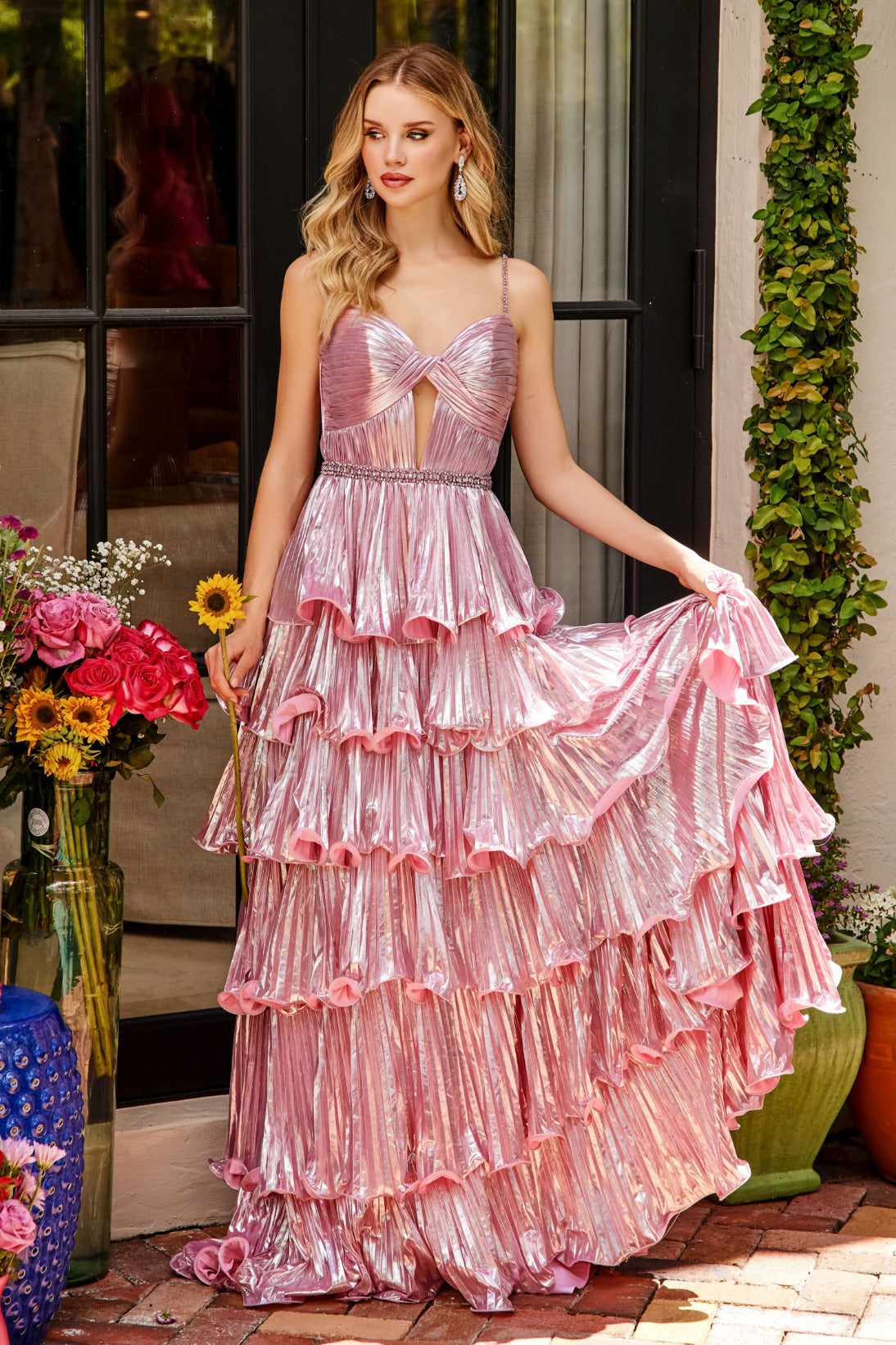Prom Dresses Long Formal Tiered A Line Metallic Prom Dress Ice Pink