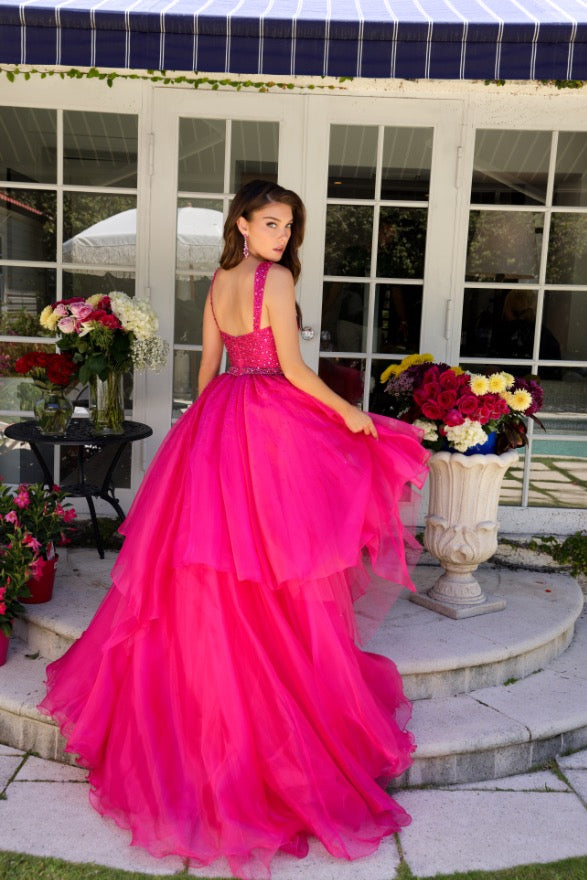 Prom Dresses Beaded Ball Gown Long Tiered Skirt Prom Dress Hot Pink
