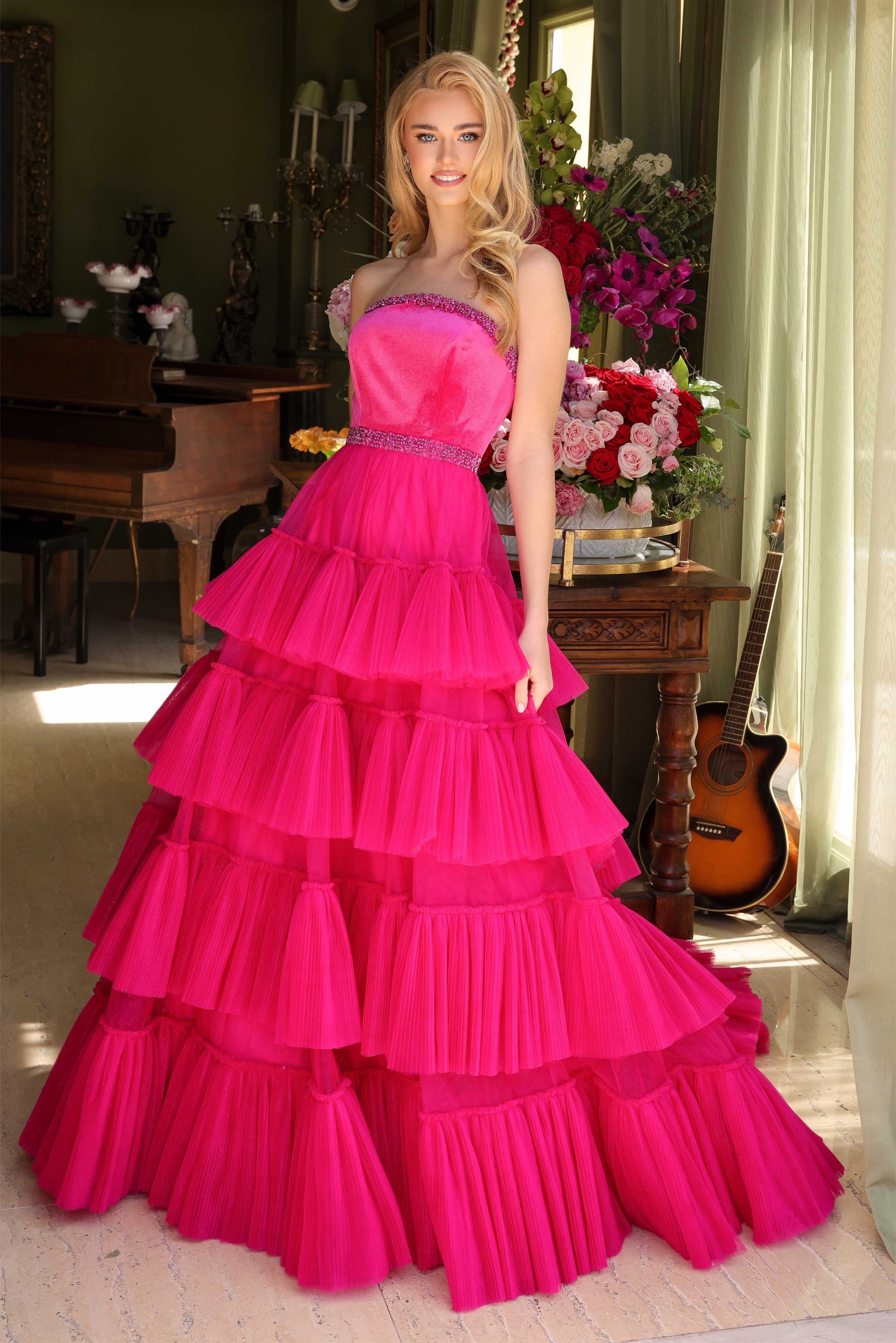 Prom Dresses Long Formal Ruffle Tiered Ball Gown Pleated Prom Dress Fuchsia