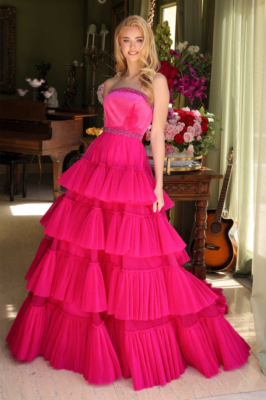 Prom Dresses Long Formal Ruffle Tiered Ball Gown Pleated Prom Dress Fuchsia