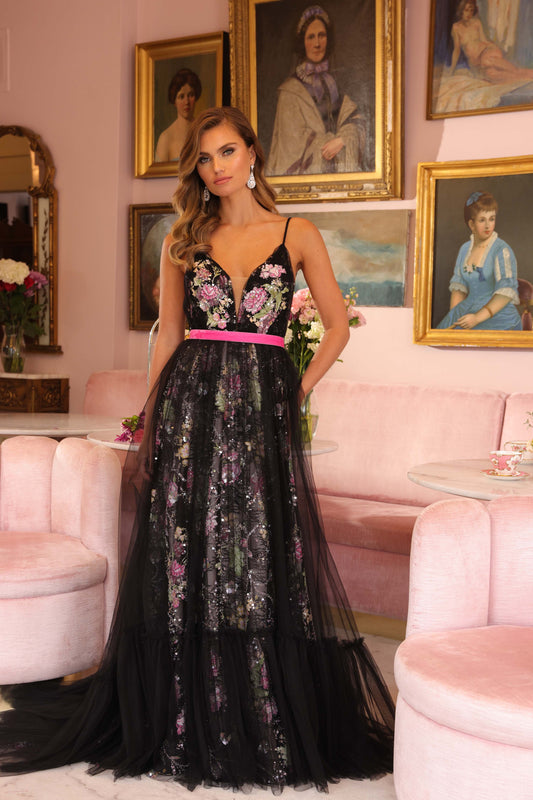 Prom Dresses Prom A Line Long Floral Sequin Formal Dress Black Multi