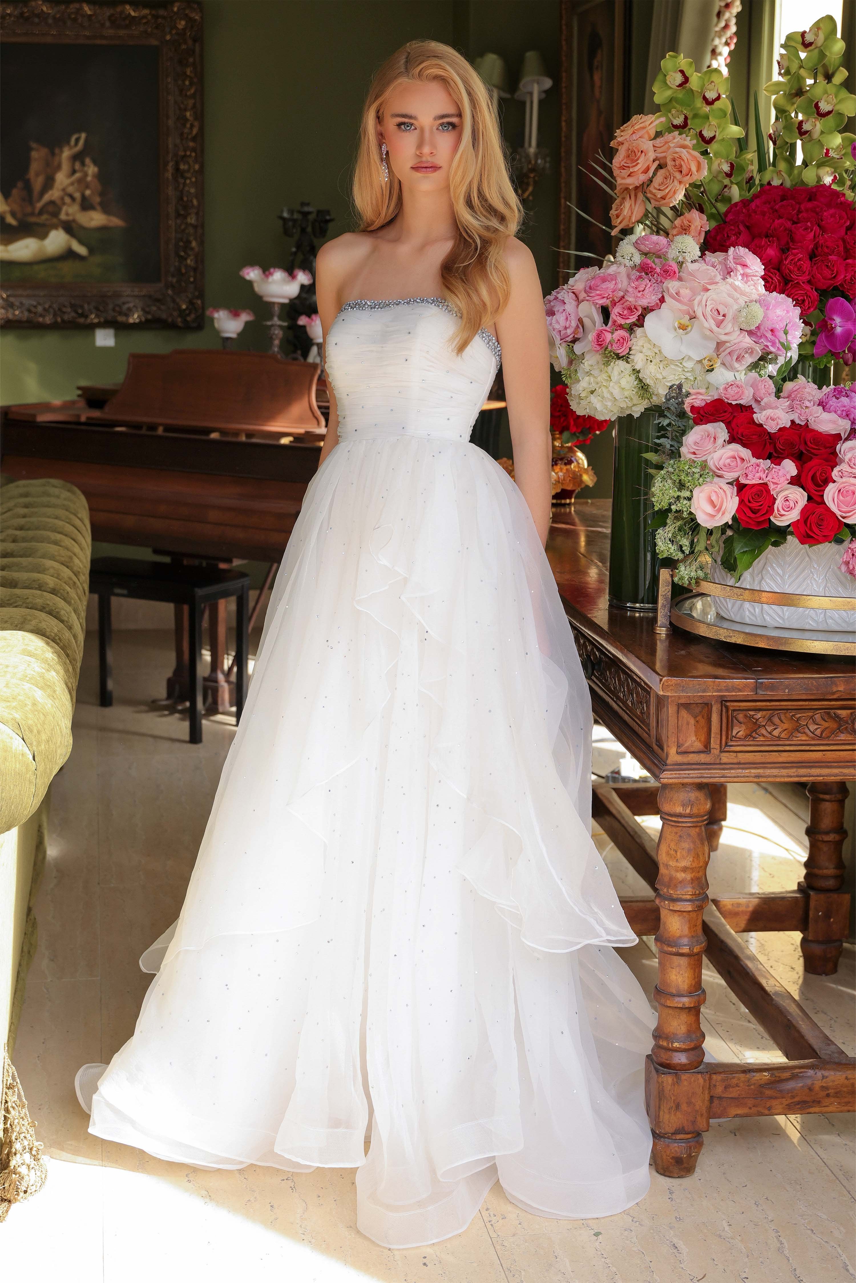Wedding Dresses Long A Line Layered Tulle Beaded Wedding Dress White