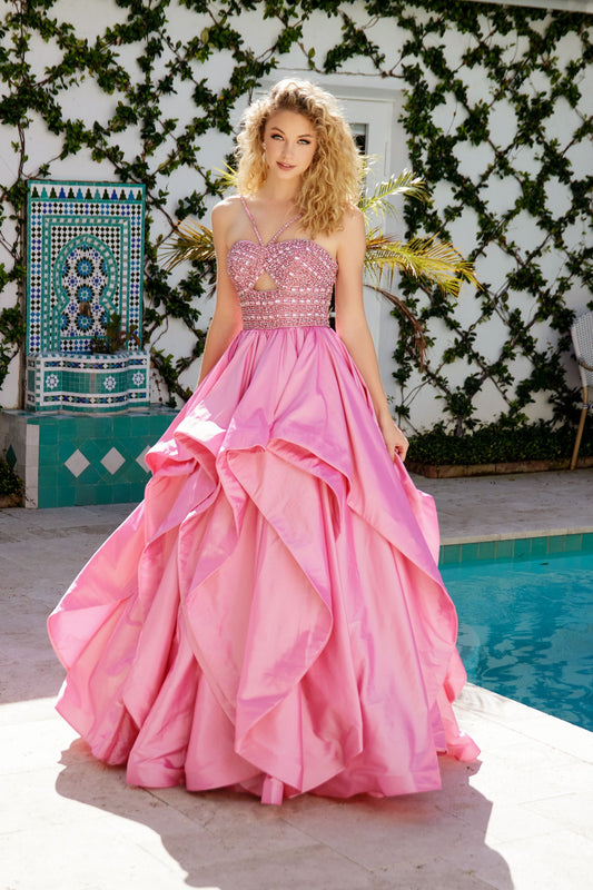 Prom Dresses A Line Long Ball Gown Beaded Prom Dress Bubble Gum