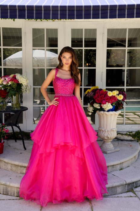 Prom Dresses Beaded Ball Gown Long Tiered Skirt Prom Dress Hot Pink