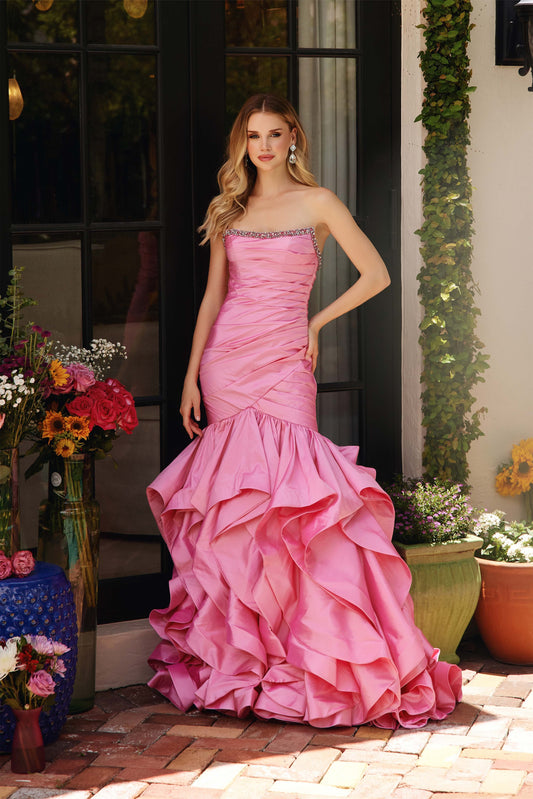Prom Dresses Pleated Long Formal Ruffle Mermaid Prom Dress Bubble Gum