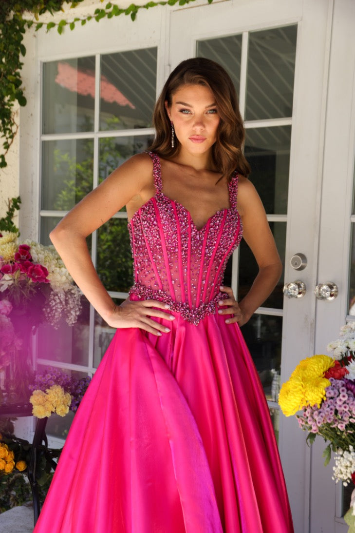 Prom Dresses Long Formal A Line Beaded Corset Prom Dress Hot Pink