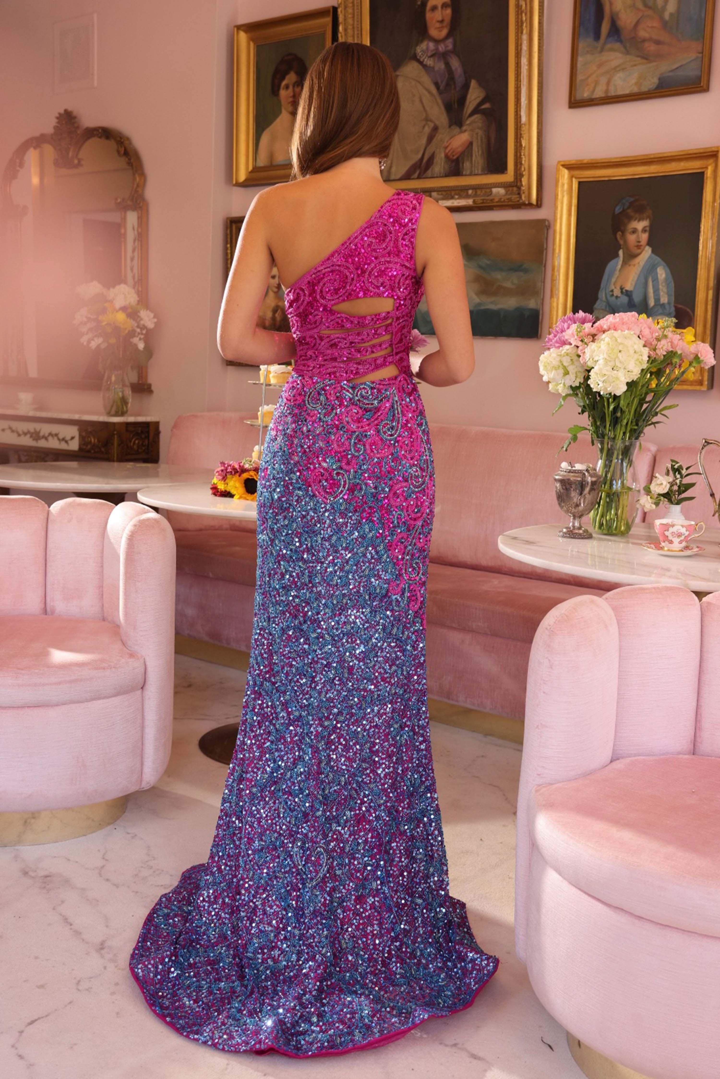 Prom Dresses Fitted Long Formal Beaded Slit Prom Dress Fuchsia/Turquoise