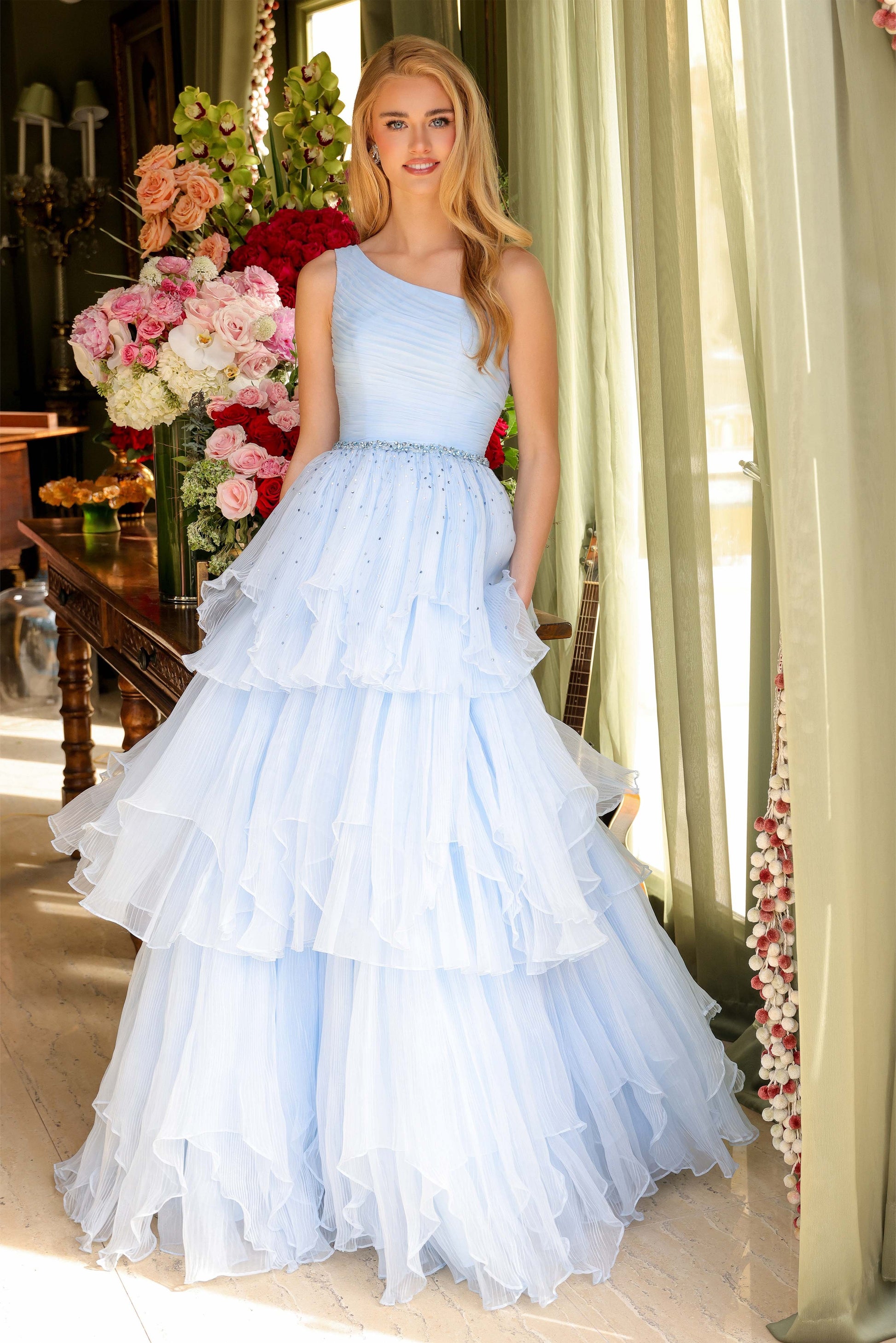 Ava Presley 29131 Pleated A Line Beaded Long Formal Teired Prom Dress