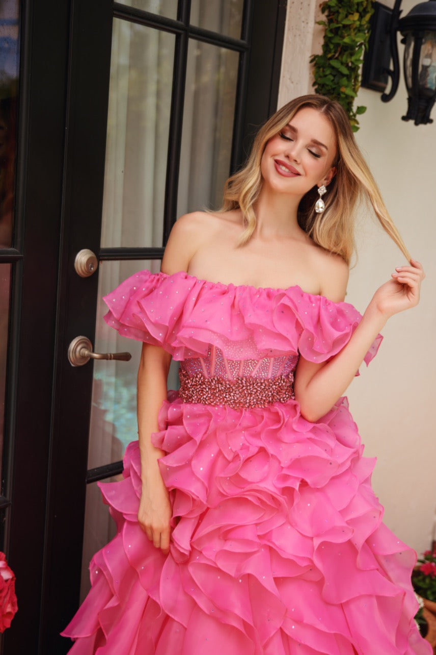 Prom Dresses Long Formal Ball Gown Ruffle Prom Dress Hot Pink