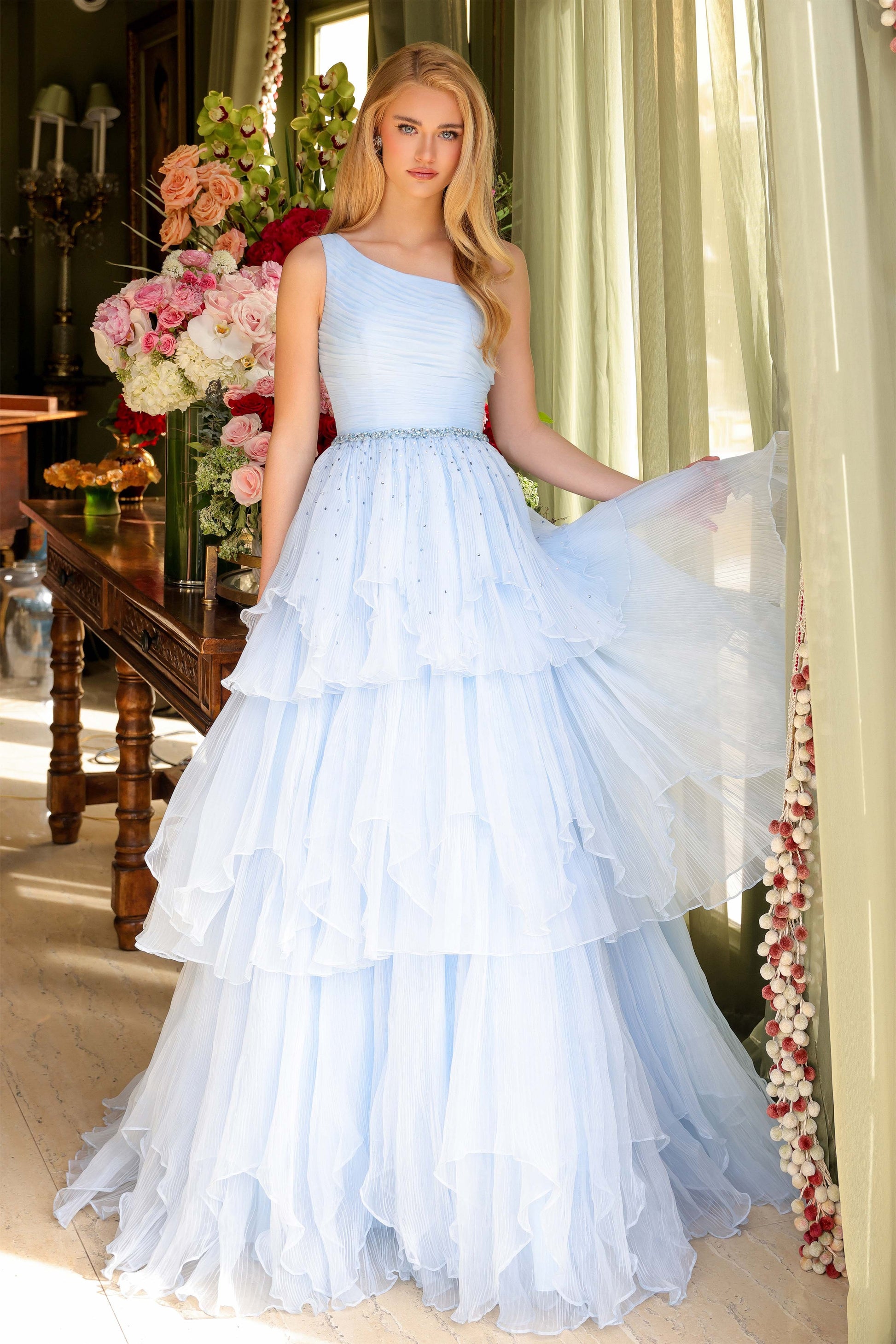 Ava Presley 29131 Pleated A Line Beaded Long Formal Teired Prom Dress