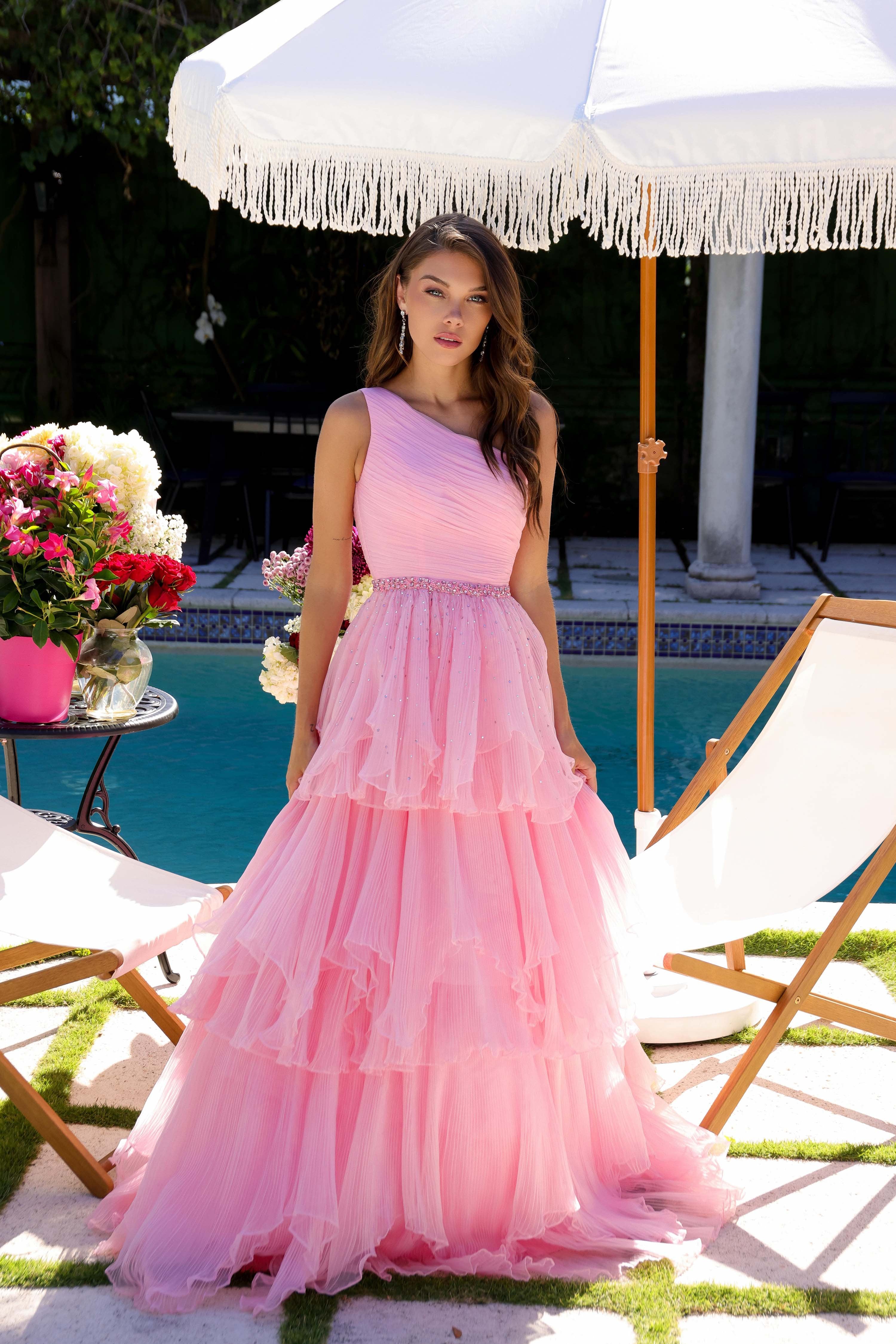 Prom Dresses Pleated A Line Beaded Long Formal Teired Prom Dress Light Pink