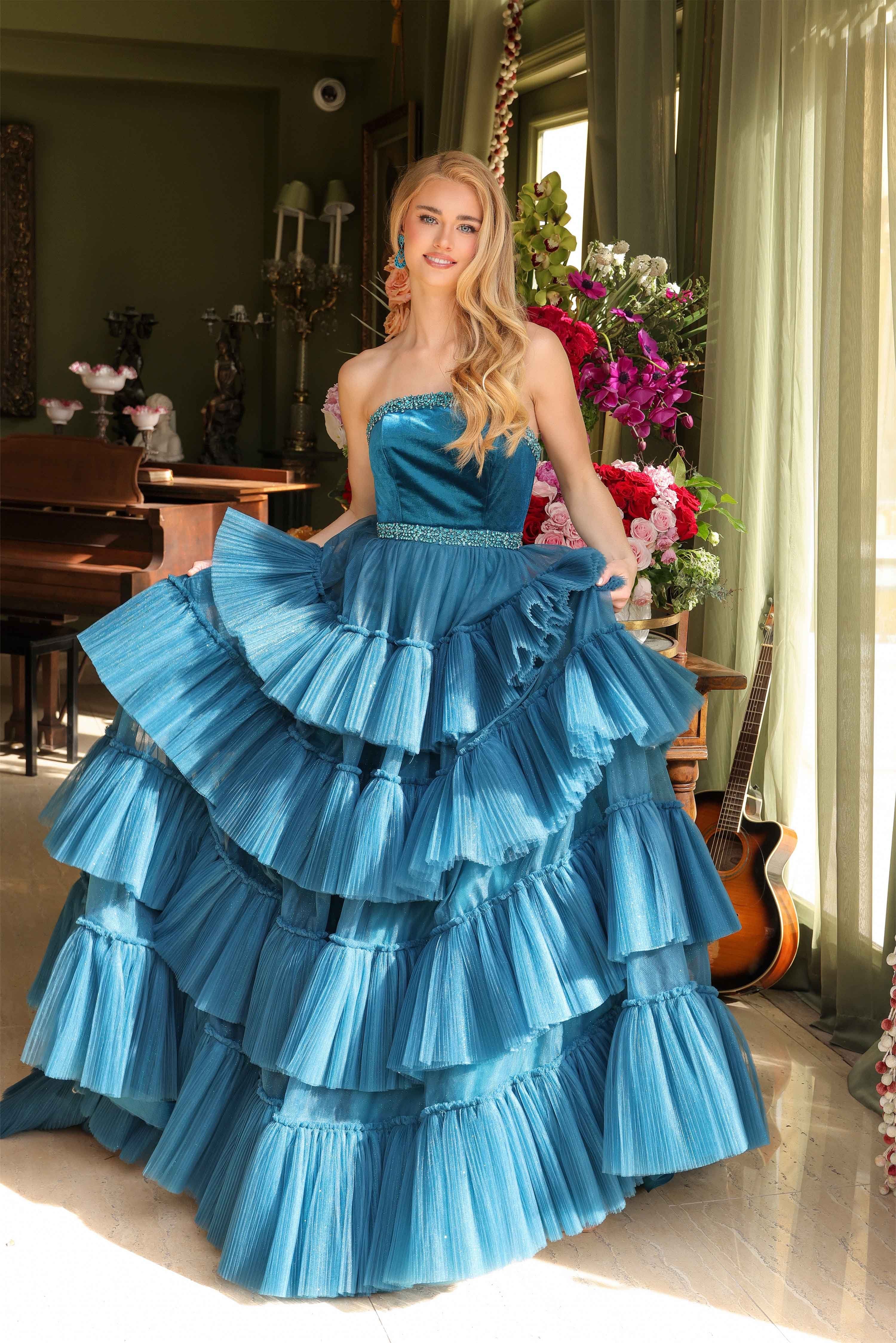 Prom Dresses Long Formal Ruffle Tiered Ball Gown Pleated Prom Dress Teal