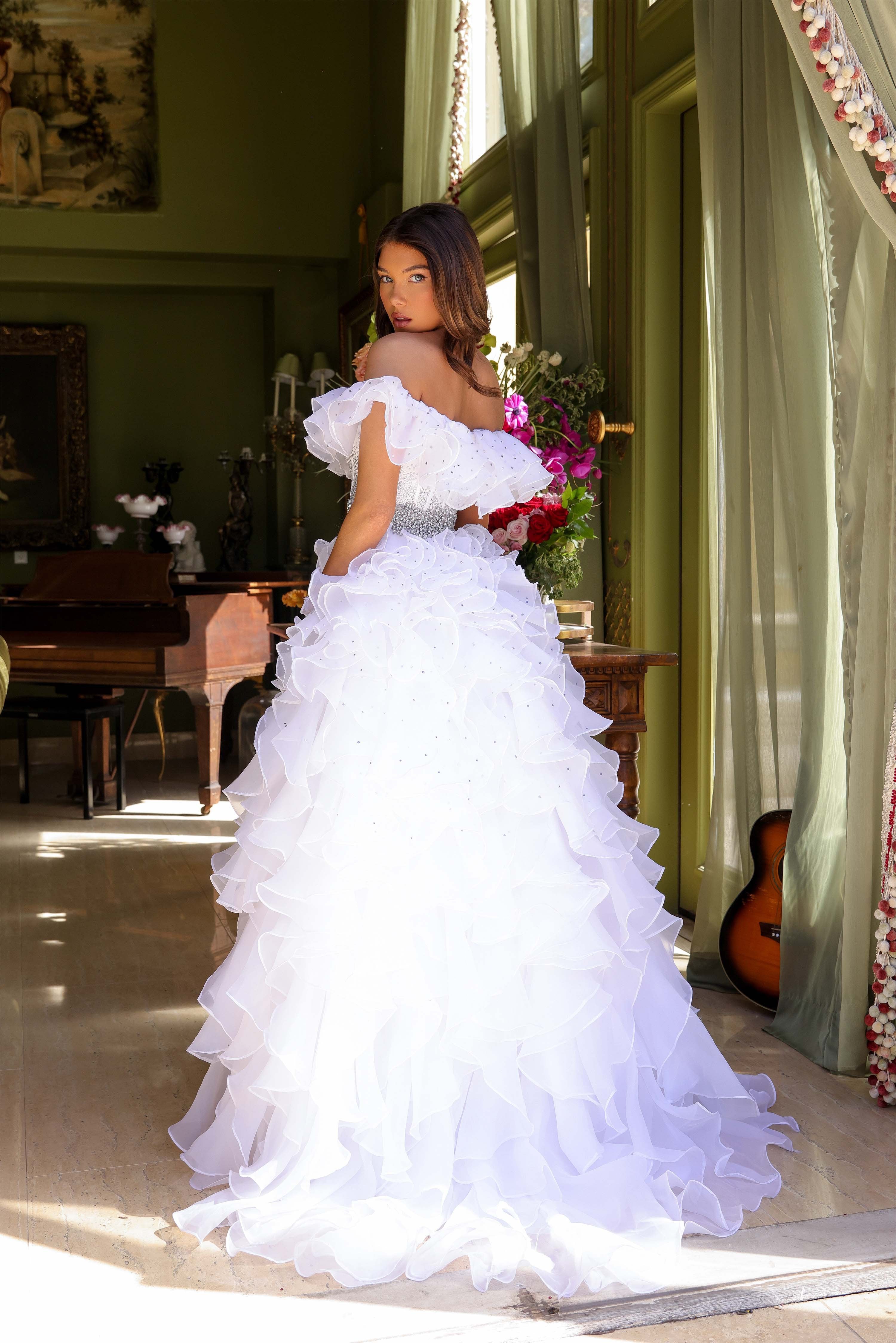 Wedding Dresses Bridal Long Ruffle Wedding Dress  White