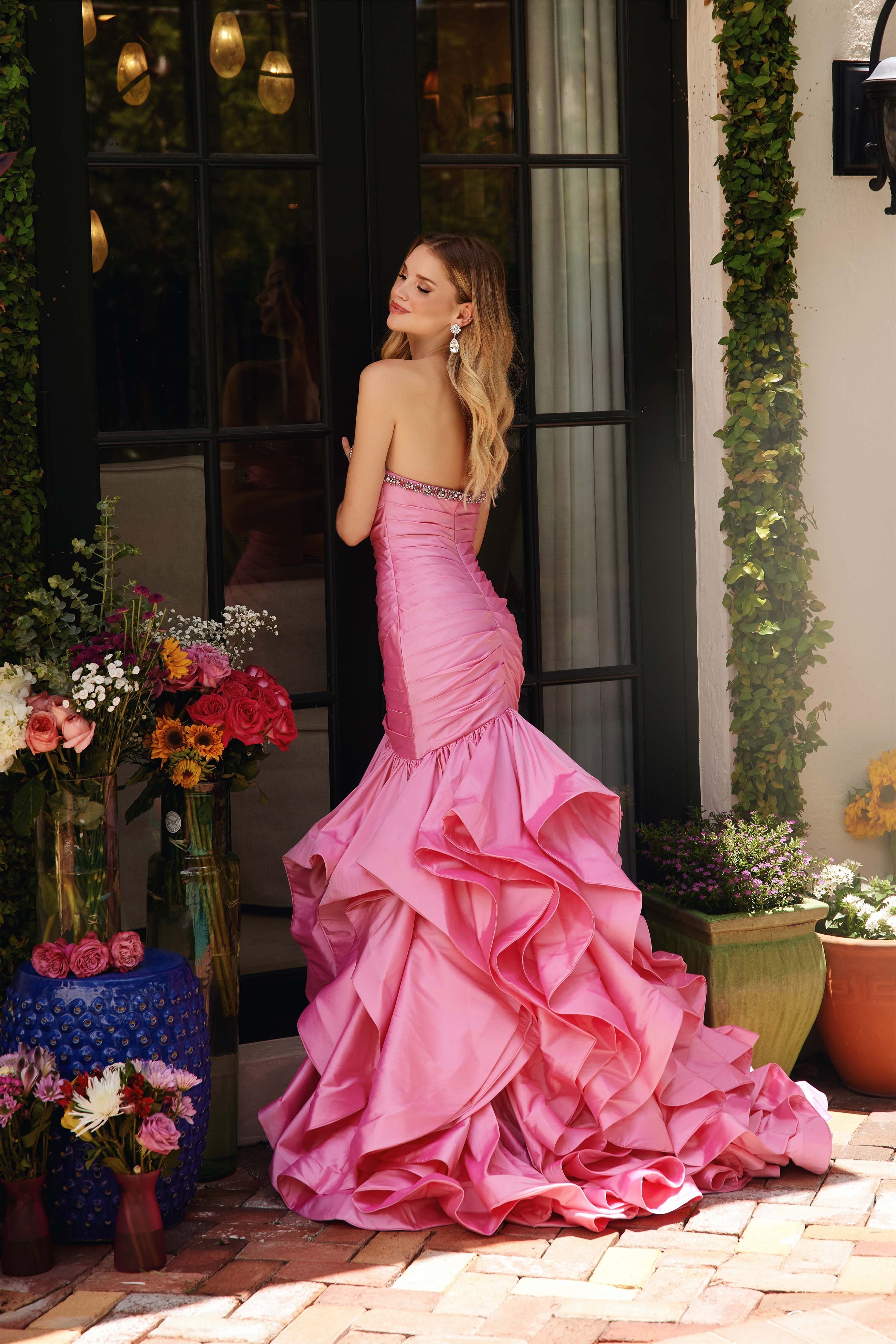 Prom Dresses Pleated Long Formal Ruffle Mermaid Prom Dress Bubble Gum