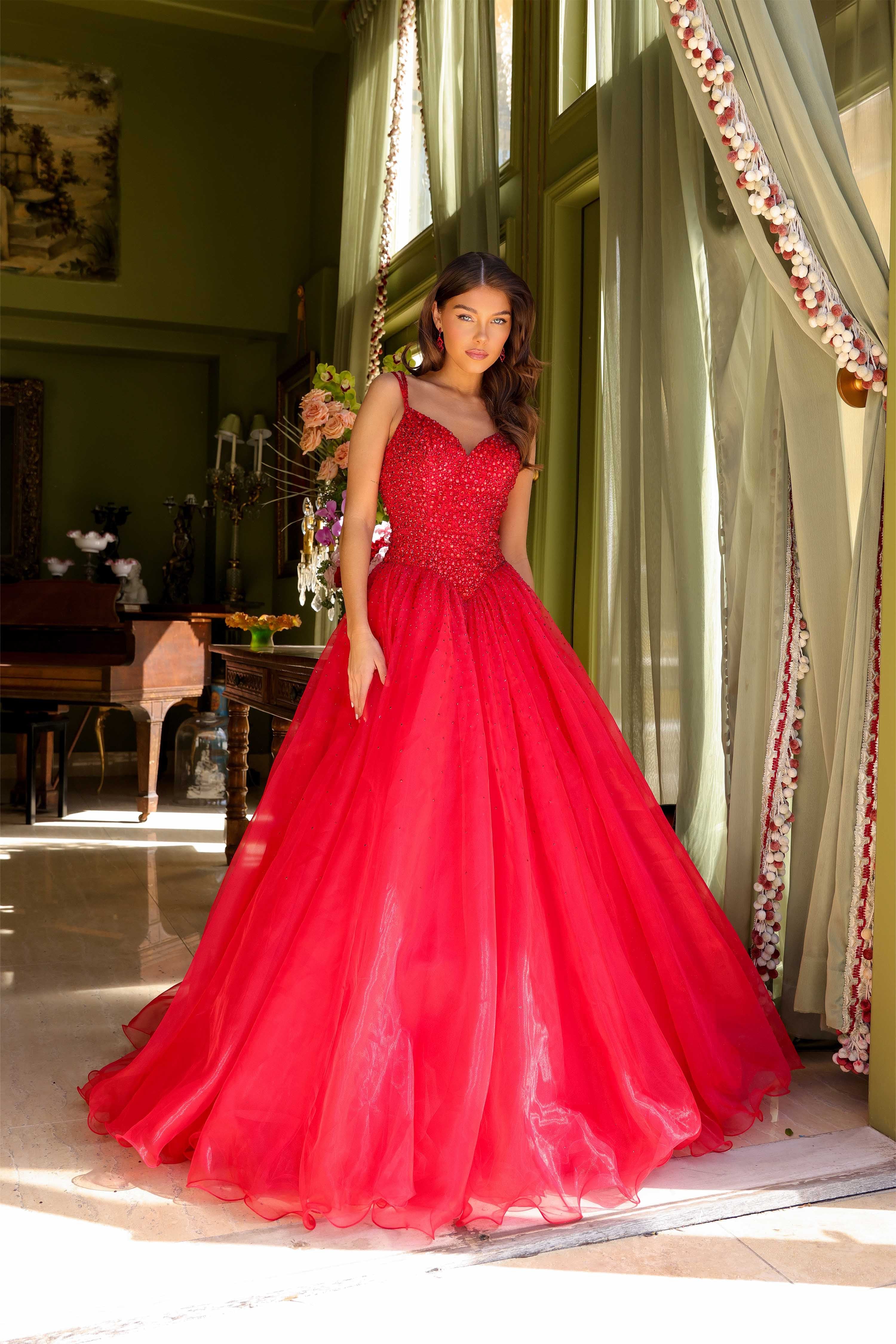 Prom Dresses Long Ball Gown Beaded Prom Dress Red