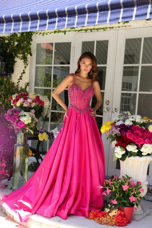 Prom Dresses Long Formal A Line Beaded Corset Prom Dress Hot Pink