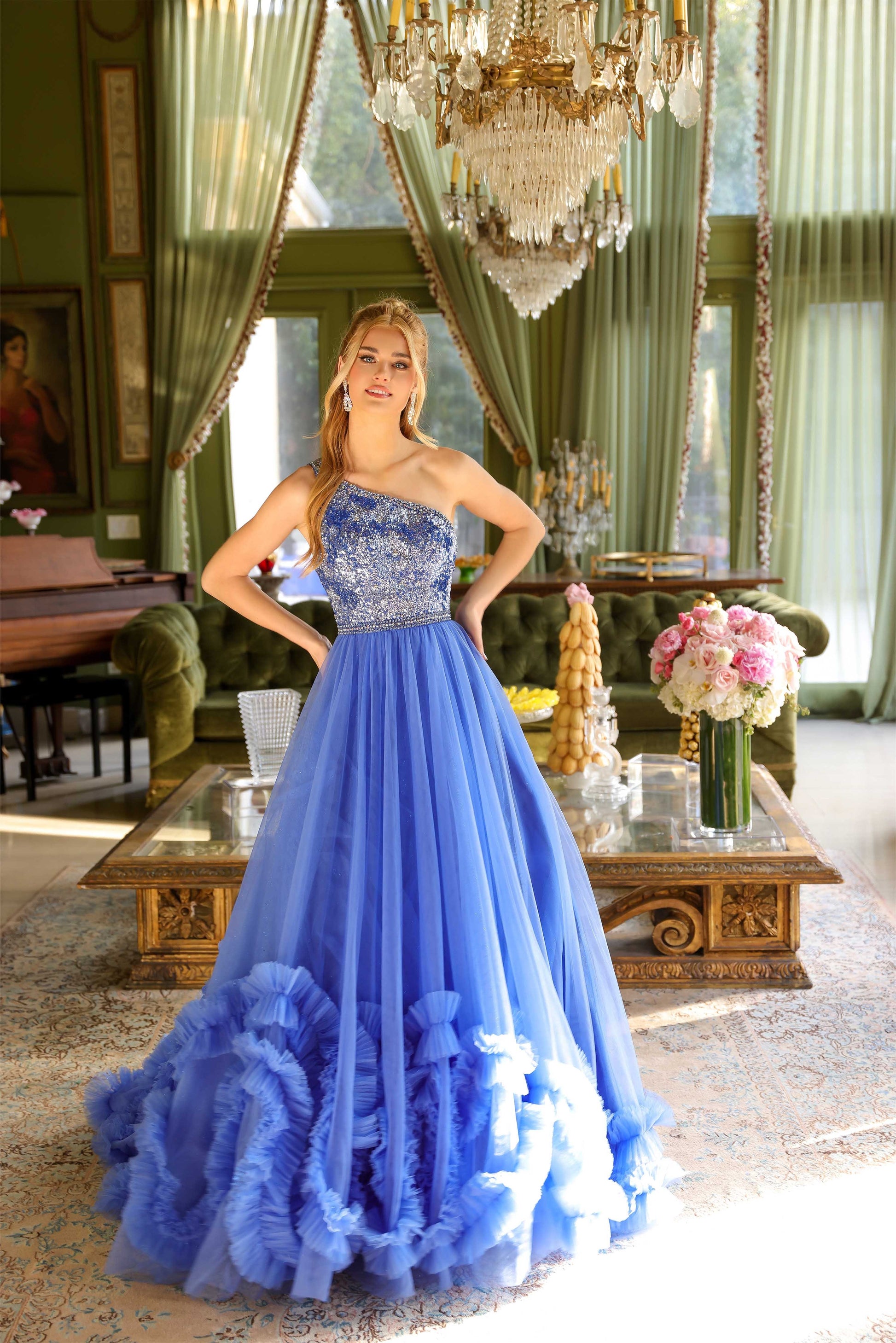 Ava Presley 29527 Long Ruffle Sequin Beaded Formal Prom Dress