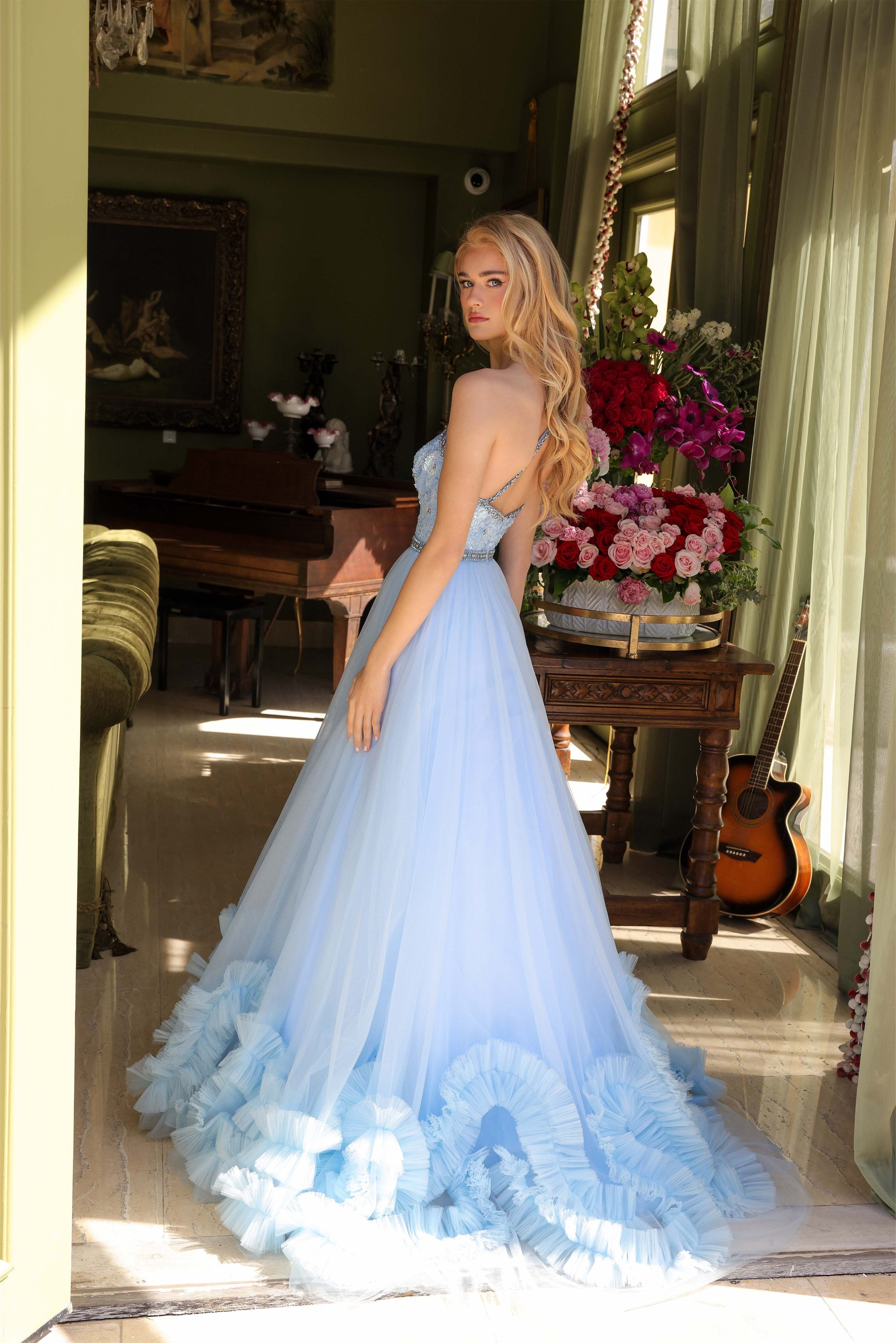 Prom Dresses Long Ruffle Sequin Beaded Formal Prom Dress Light Blue