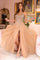 Prom Dresses Beaded Slit A Line Long Formal Evening Prom Dress Nude/Gold