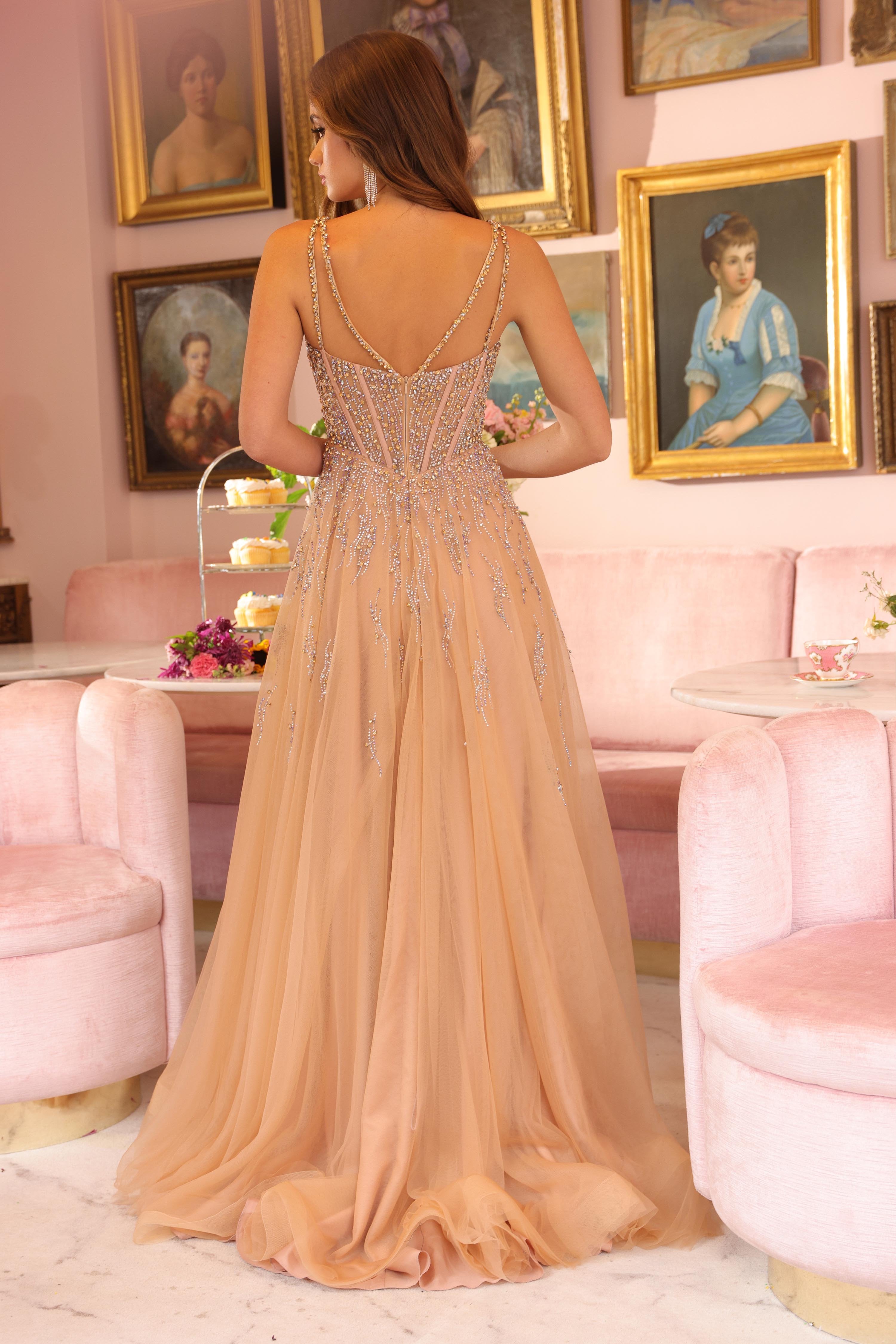 Prom Dresses Beaded Slit A Line Long Formal Evening Prom Dress Nude/Gold
