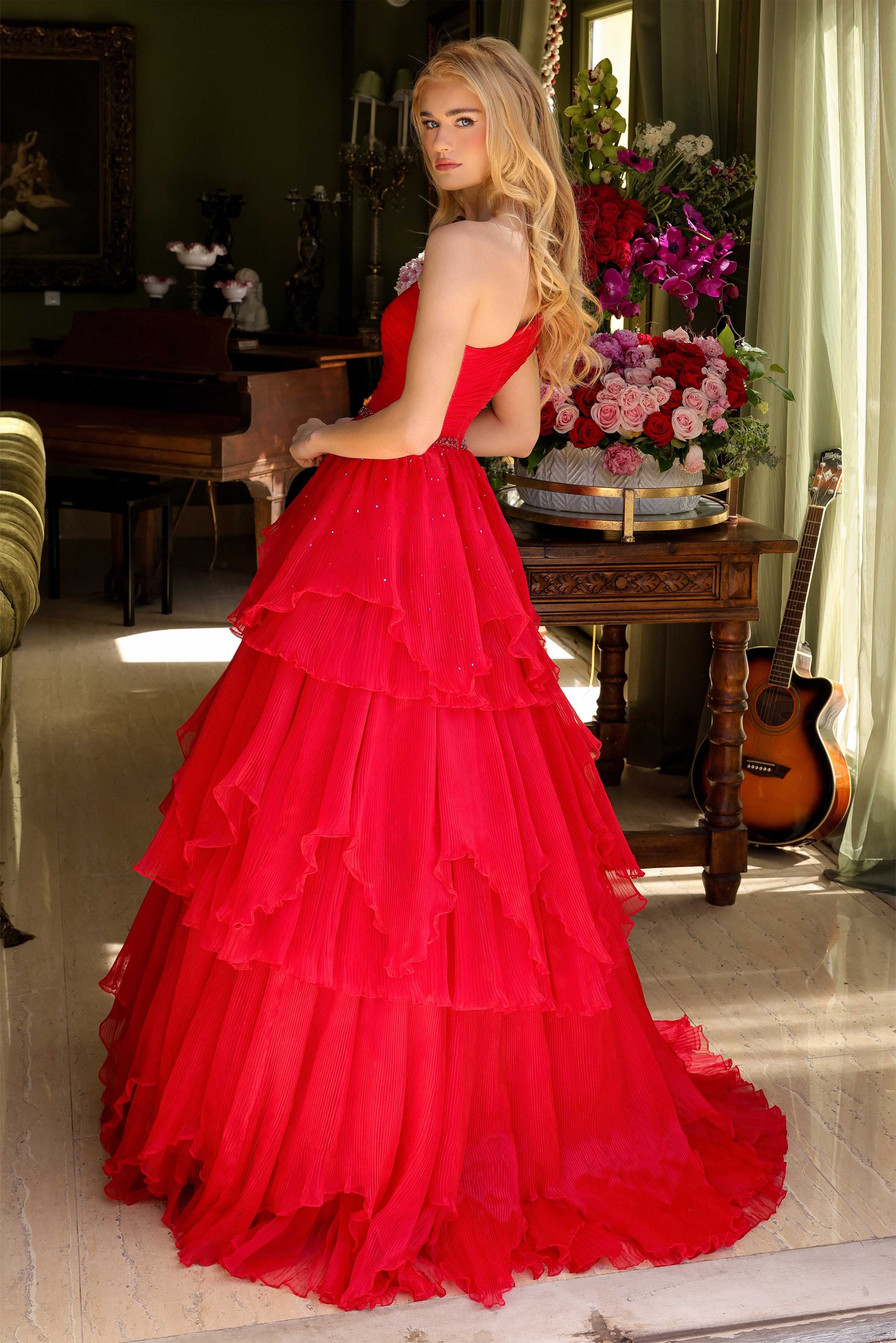 Prom Dresses Pleated A Line Beaded Long Formal Teired Prom Dress Red