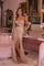 Prom Dresses Fitted Slit Long Formal Beaded Prom Dress Nude/Champagne