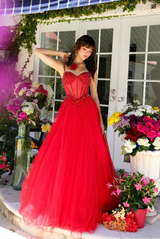 Prom Dresses Long Beaded Formal A Line Prom Dress Red