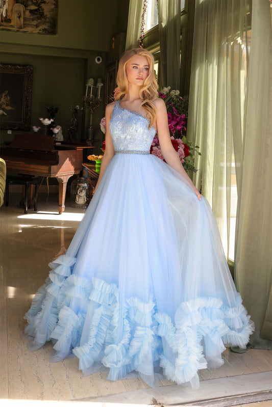 Prom Dresses Long Ruffle Sequin Beaded Formal Prom Dress Light Blue