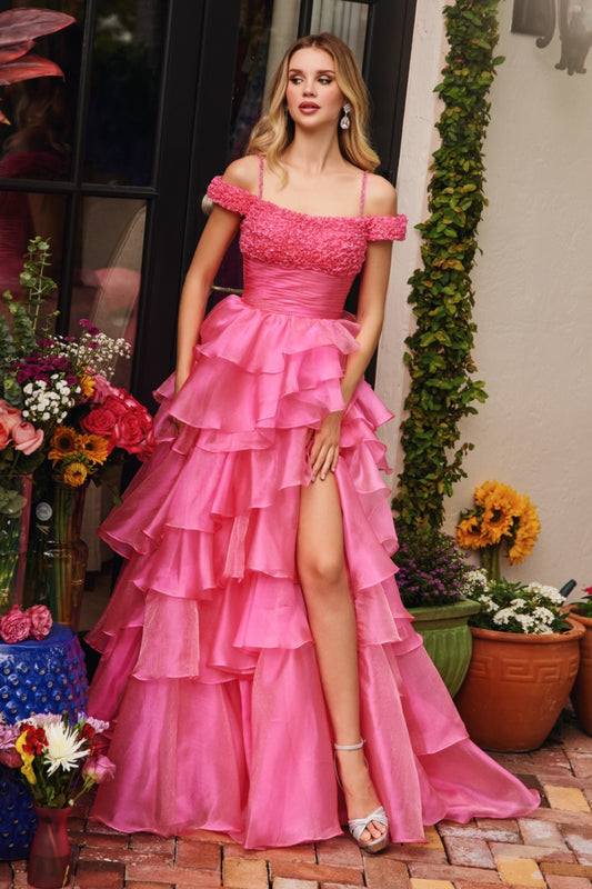 Prom Dresses Long Ruffle A Line Prom Slit Formal Dress Bubble Gum