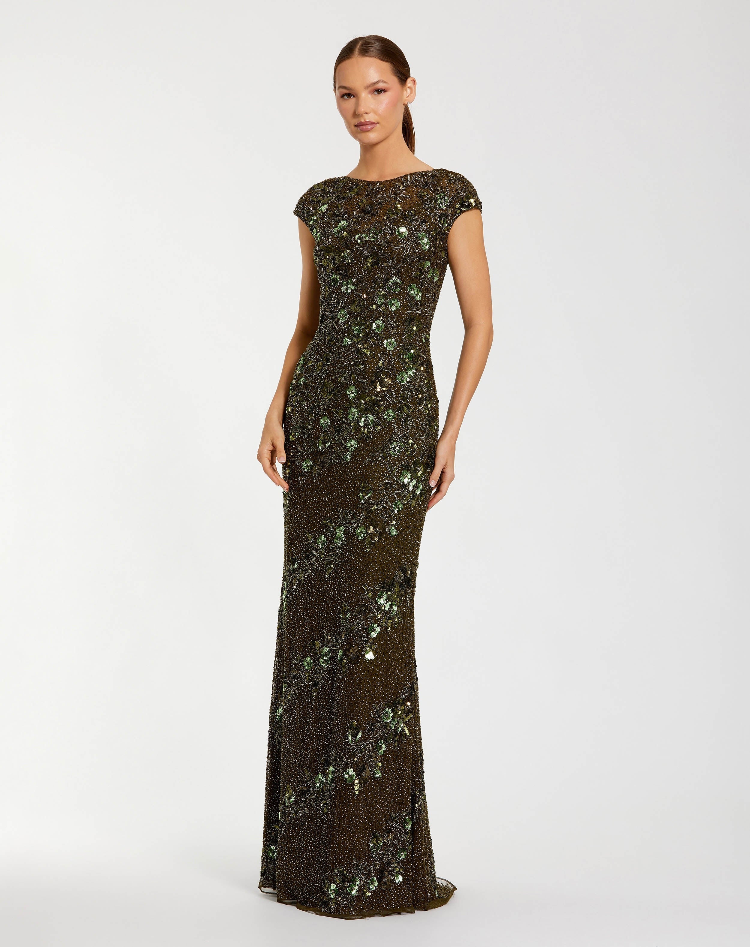 Formal Dresses Long Cap Sleeve Fitted Formal Dress Olive