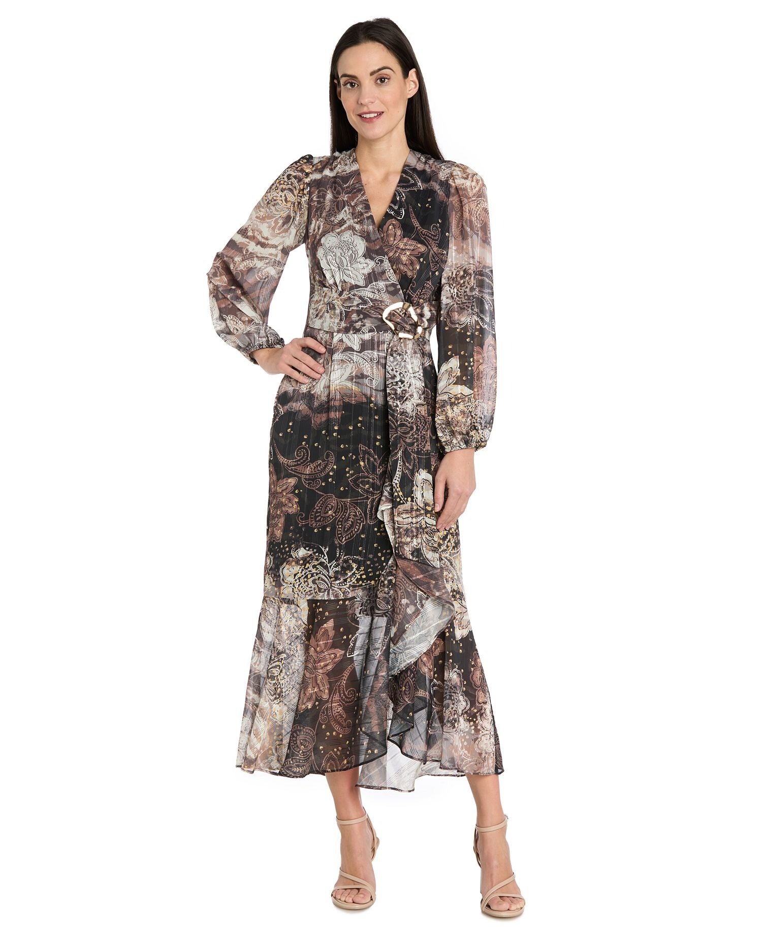 R & M Richards Women's Chiffon Surplice-Neck Midi Dress - Brown