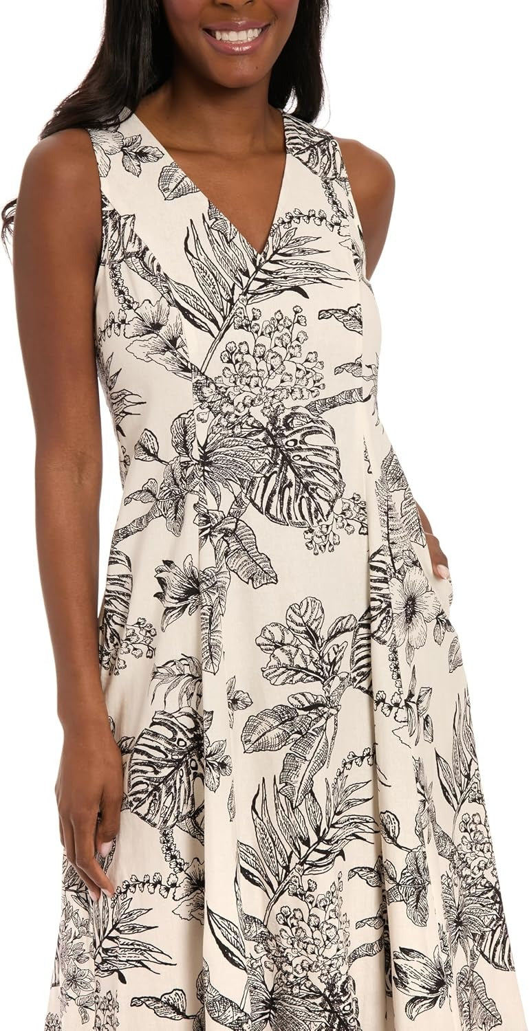 London Times T8197M V-Neck Midi Linen Cocktail Dress Sleeveless