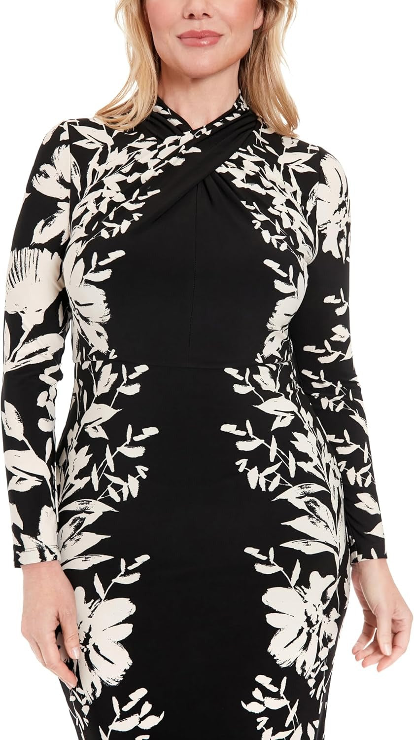 London Times Women's Long-Sleeve Criss-Cross Neck Midi Dress - Black Cream