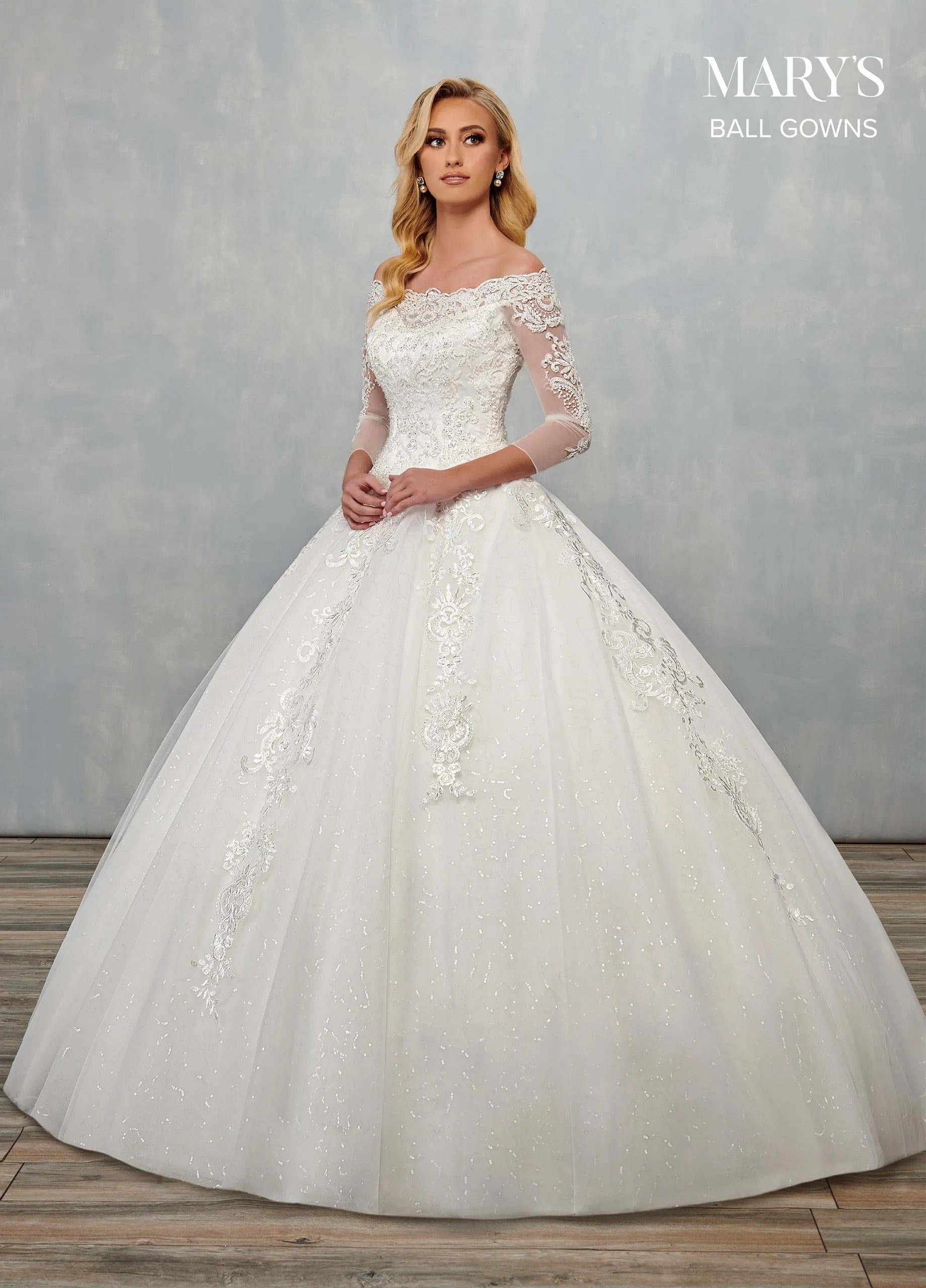 Ivory Off-the-Shoulder Floor-Length Glitter Tulle Wedding Ball Gown Rachel Allan MB6072 Rachel Allan MB6072