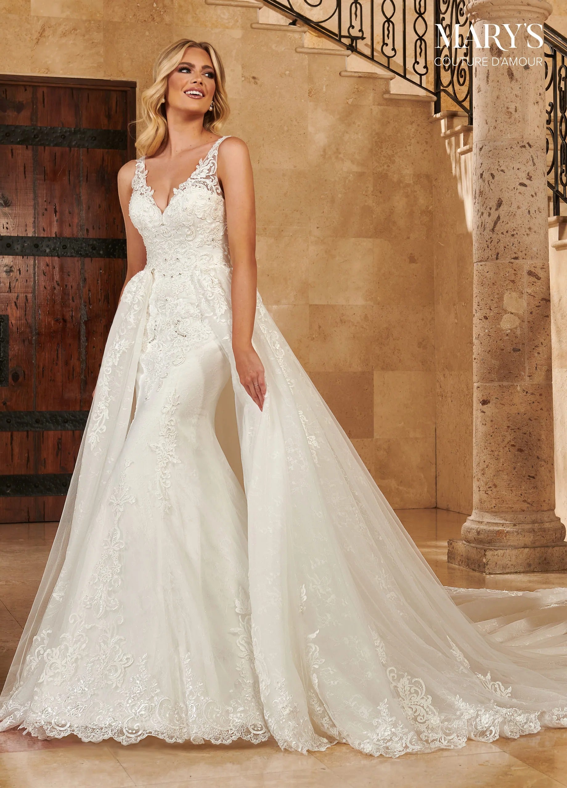 Ivory V-Neck Floor-Length Lace Bridal Mermaid Gown with Overskirt Train Rachel Allan MB4129