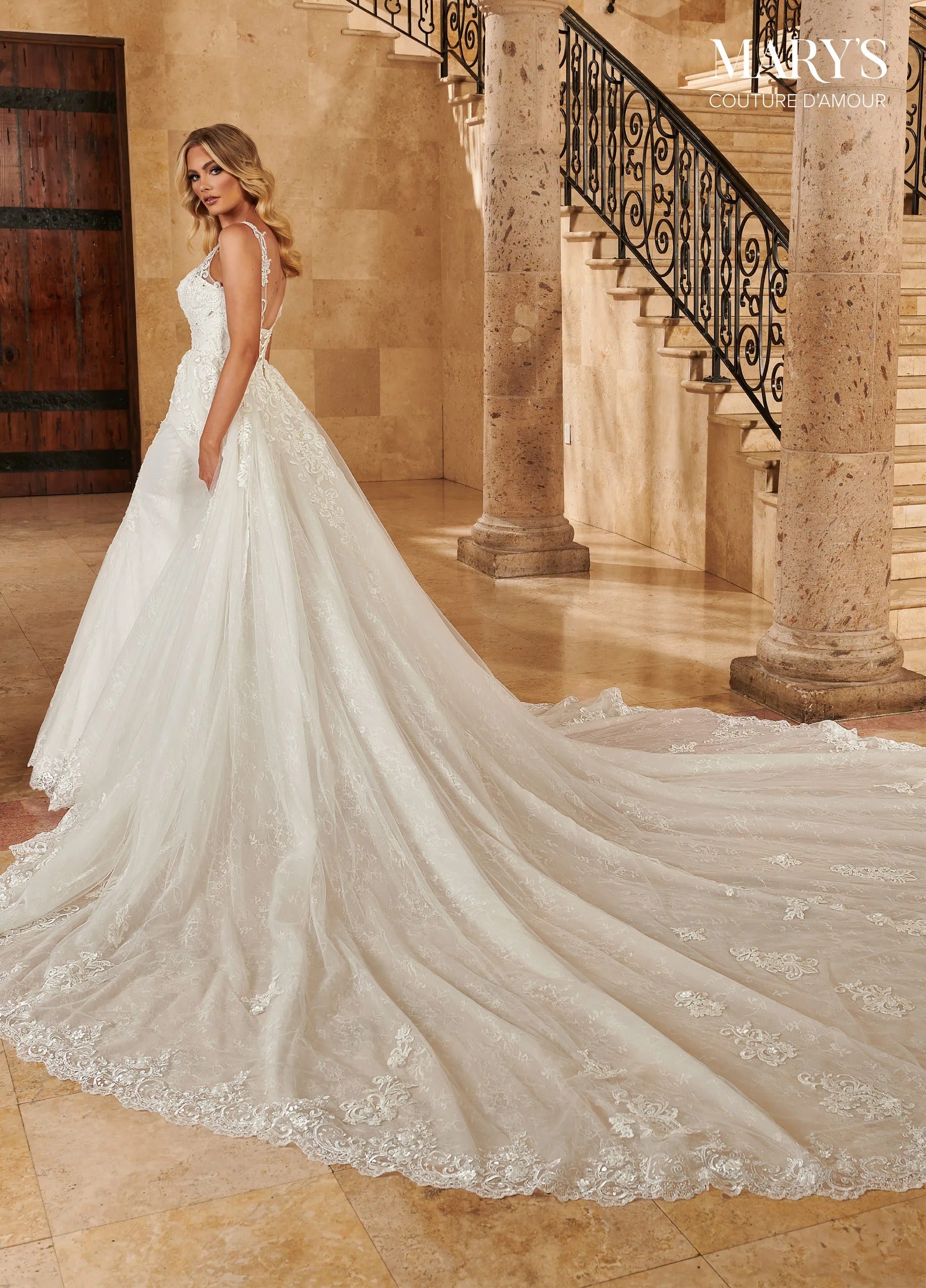 Ivory V-Neck Floor-Length Lace Bridal Mermaid Gown with Overskirt Train Rachel Allan MB4129