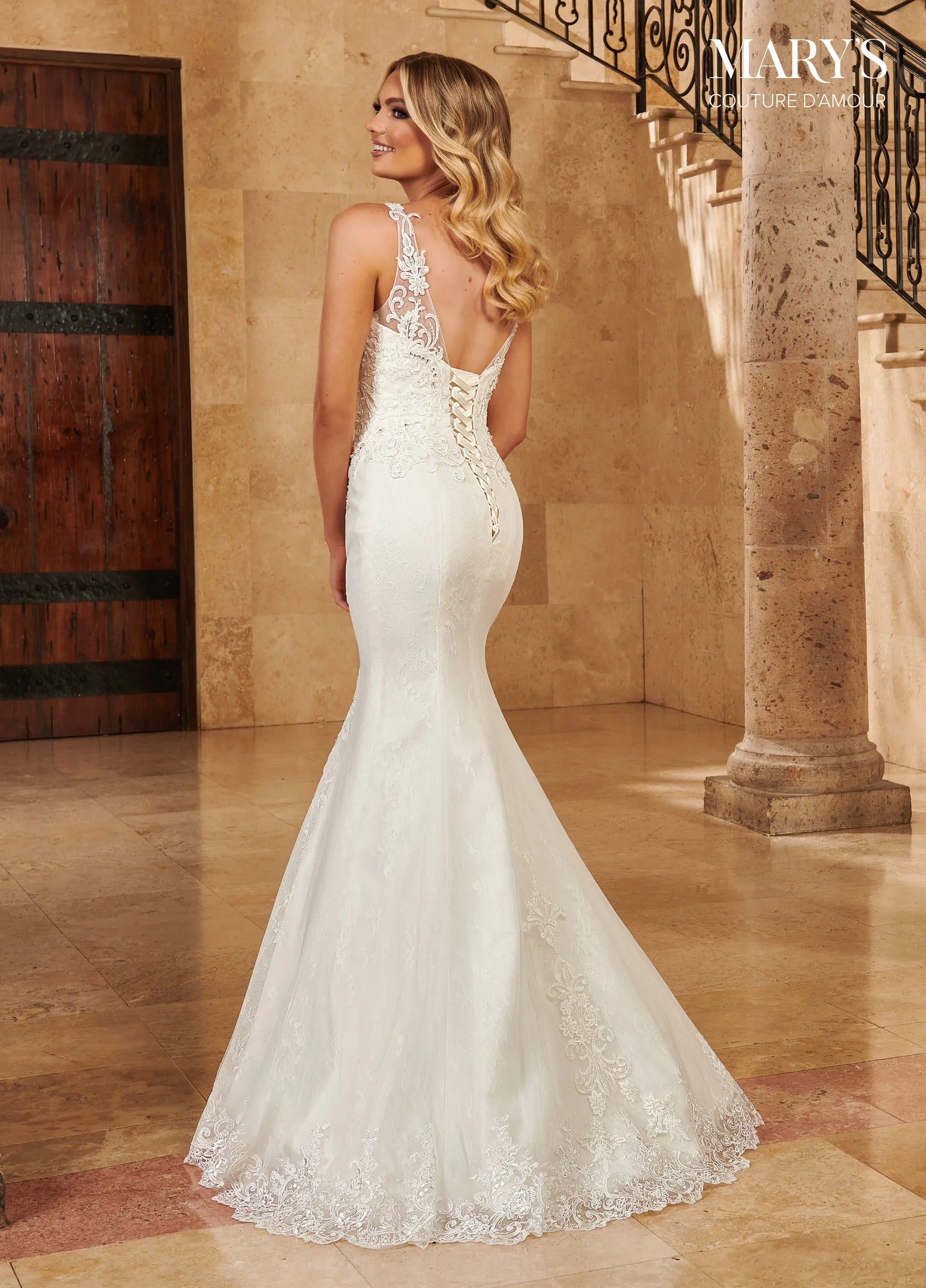 Ivory V-Neck Floor-Length Lace Bridal Mermaid Gown with Overskirt Train Rachel Allan MB4129