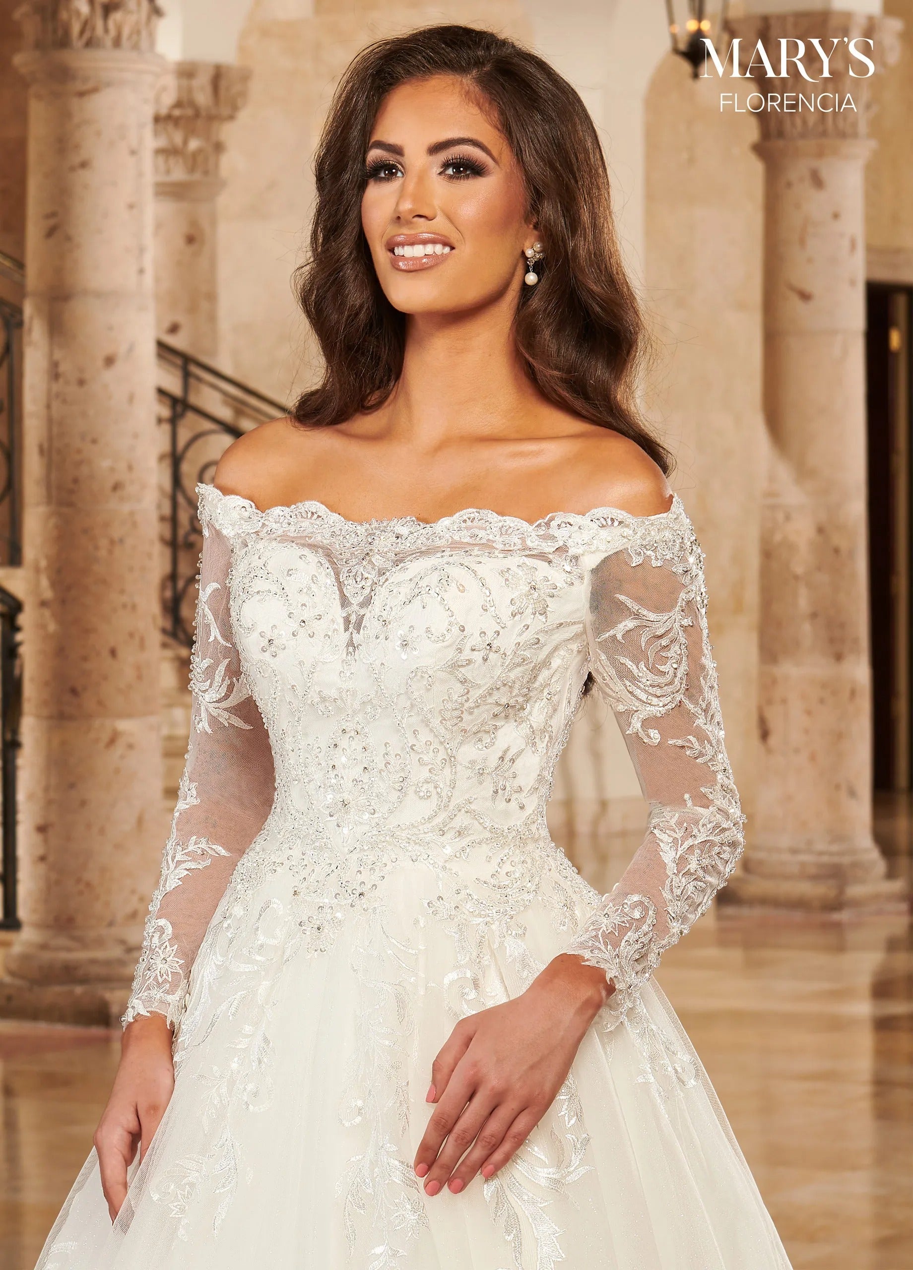 Ivory Off-the-Shoulder Floor-Length Tulle Bridal Ball Gown with Lace Appliqué Rachel Allan MB3144