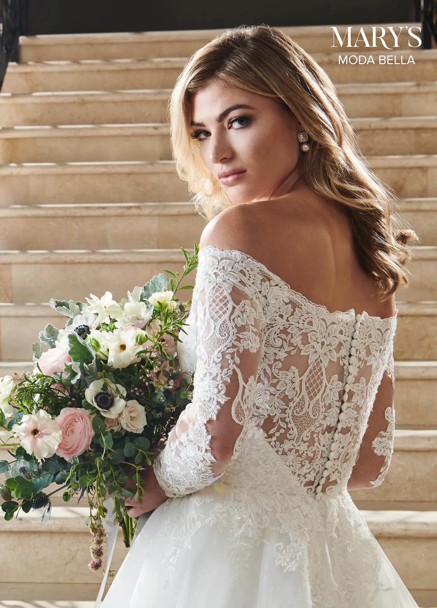 Ivory Off-the-Shoulder Floor-Length Tulle Bridal Ball Gown with Lace Bodice Rachel Allan MB2070