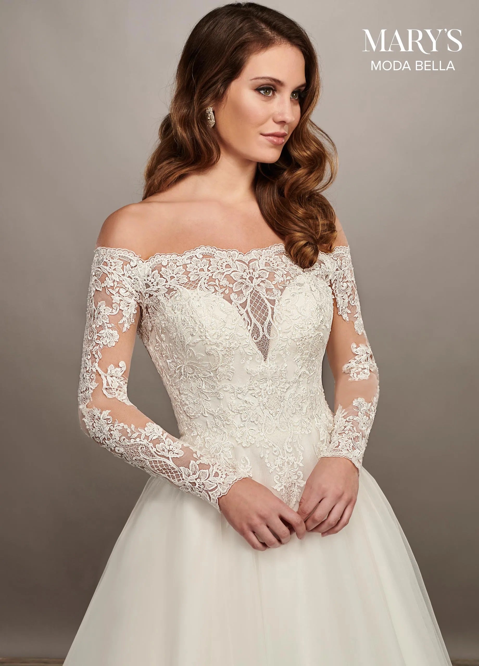 Ivory Off-the-Shoulder Floor-Length Tulle Bridal Ball Gown with Lace Bodice Rachel Allan MB2070